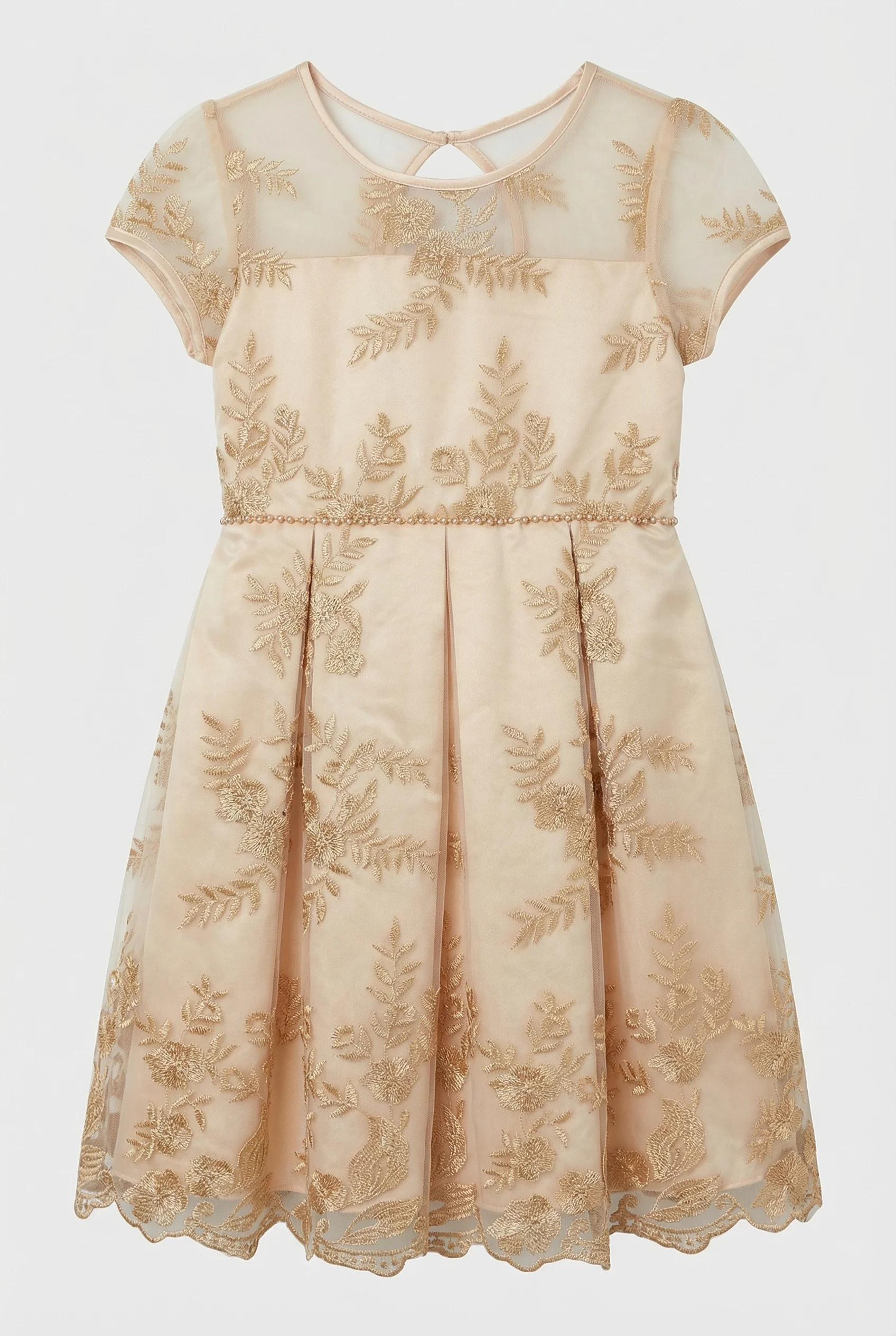 Girls Gold Embroidered Dress with Back Bow - Ava Gold - Image 3