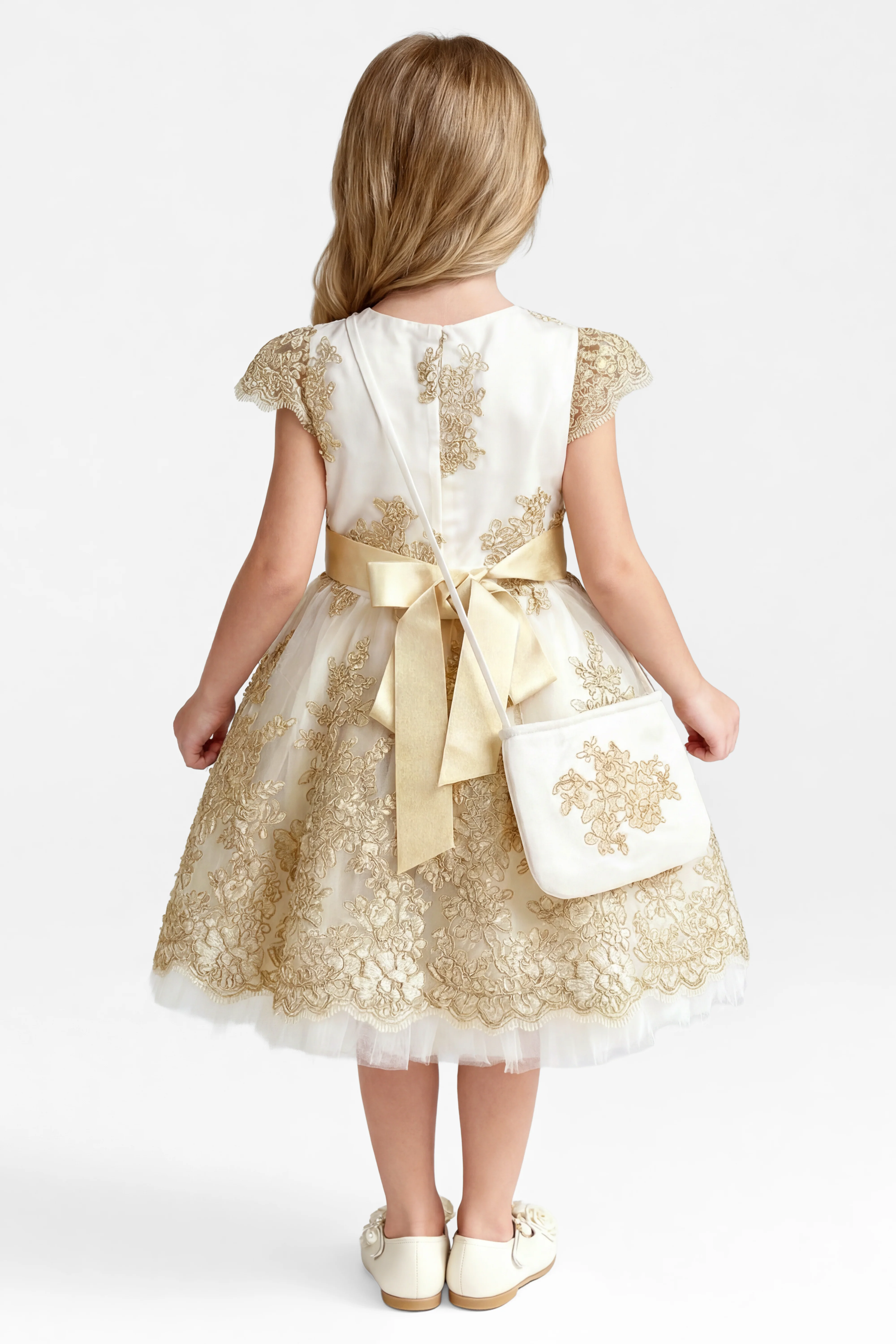 Girls Gold Lace Dress & Bag Set - Ivory - Image 2