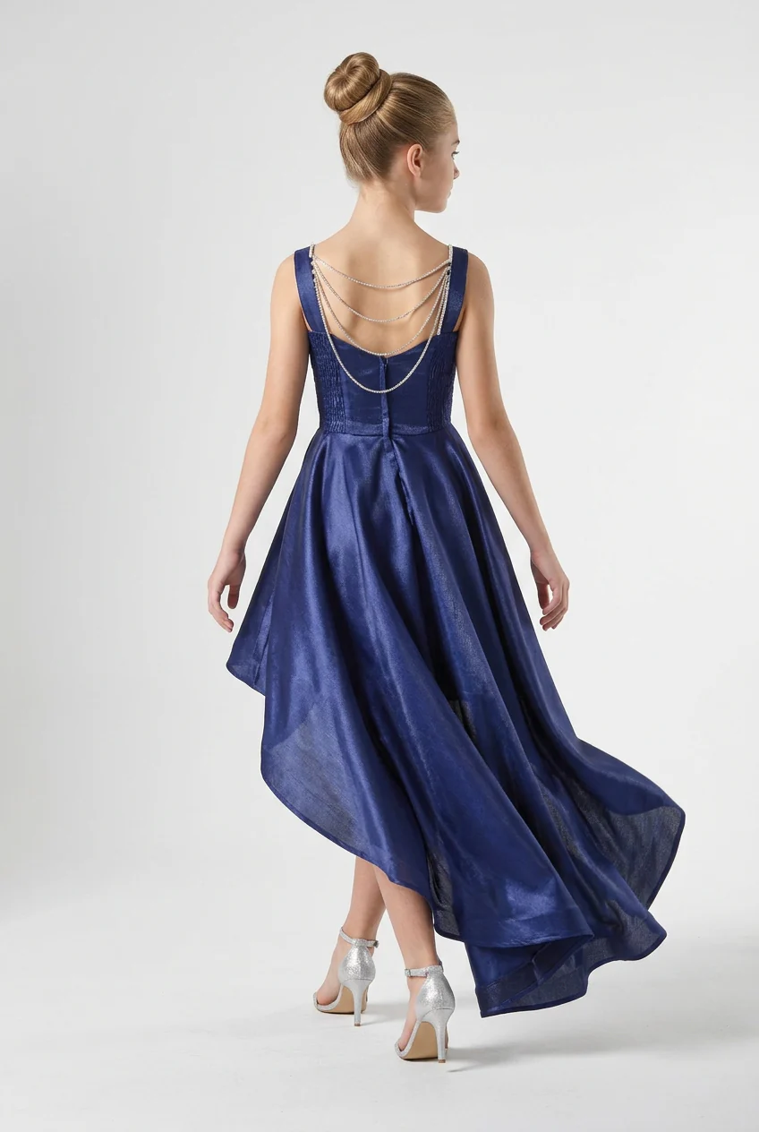 Girls High-Low Party Dress with Chain Back -Navy - Image 2