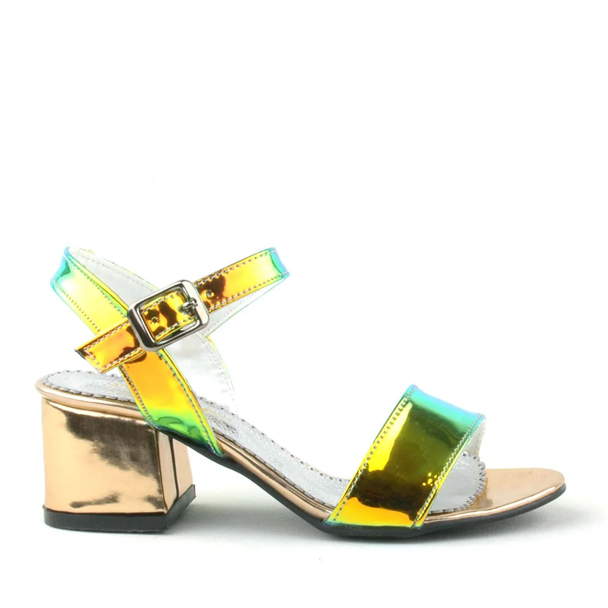Girls Holographic Metallic Block Heel Sandals with Ankle Strap - Pony - Gold - Green - Image 3