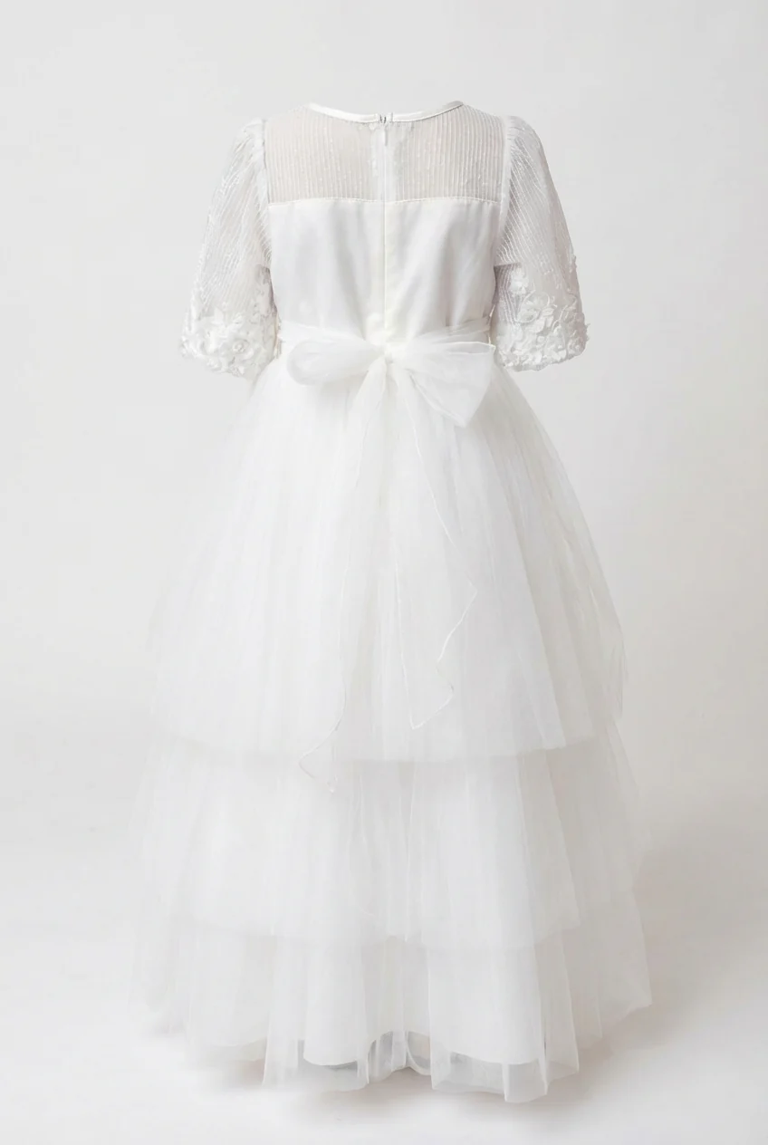 Girls Ivory Communion Dress with Sheer Sleeves & Tulle Skirt - Image 4