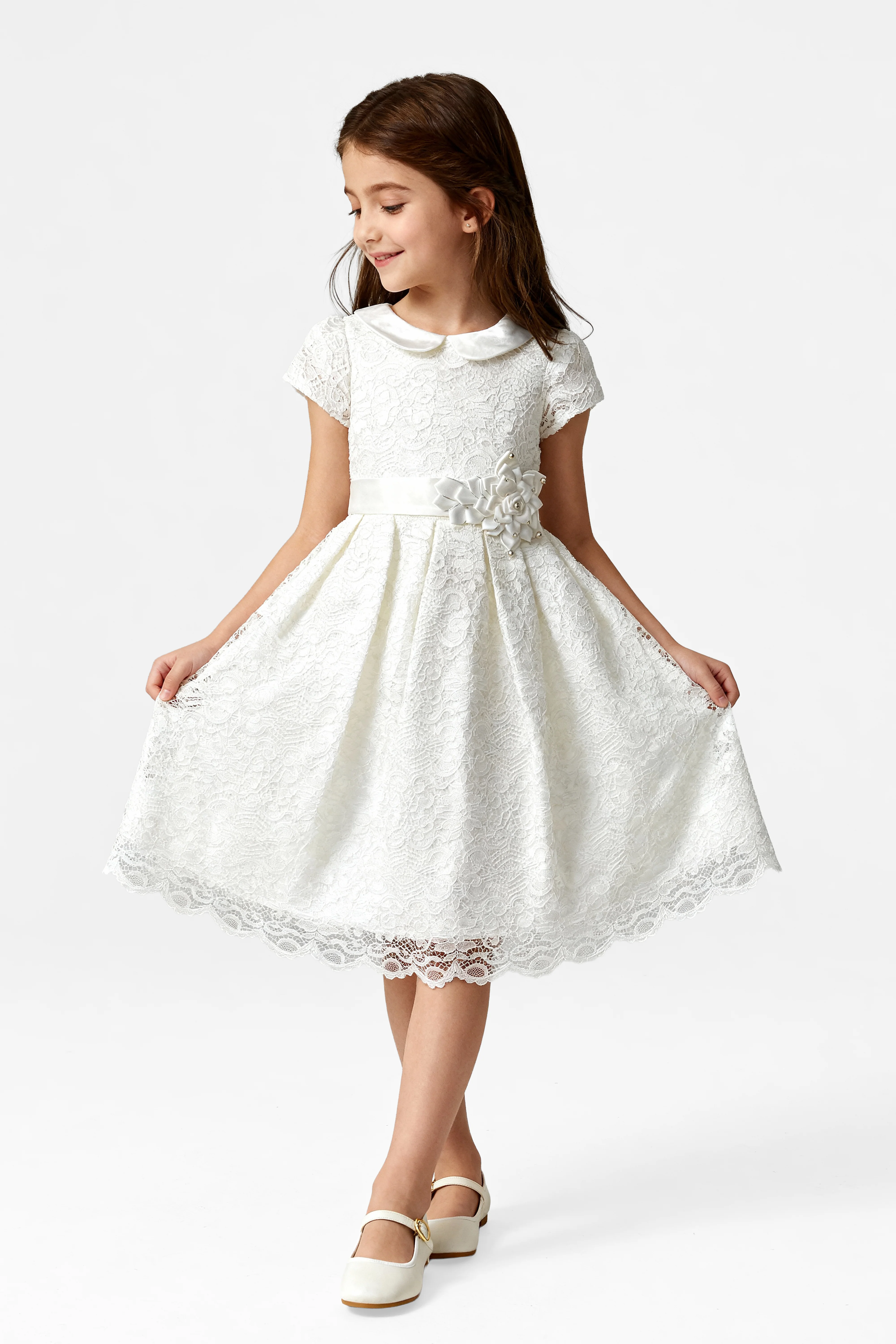 Girls Ivory Floral Lace Dress with Peter Pan Collar