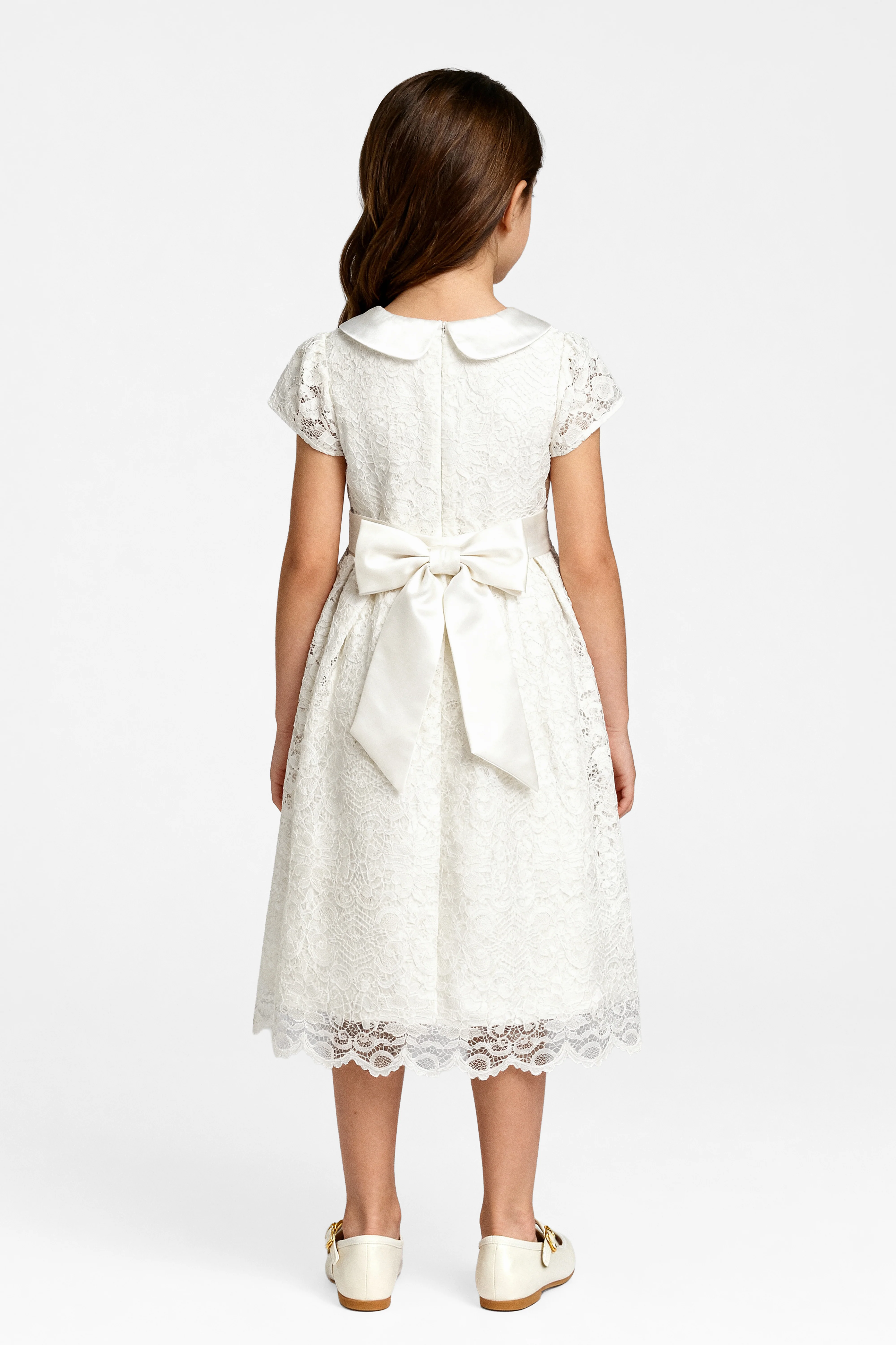 Girls Ivory Floral Lace Dress with Peter Pan Collar - Image 2
