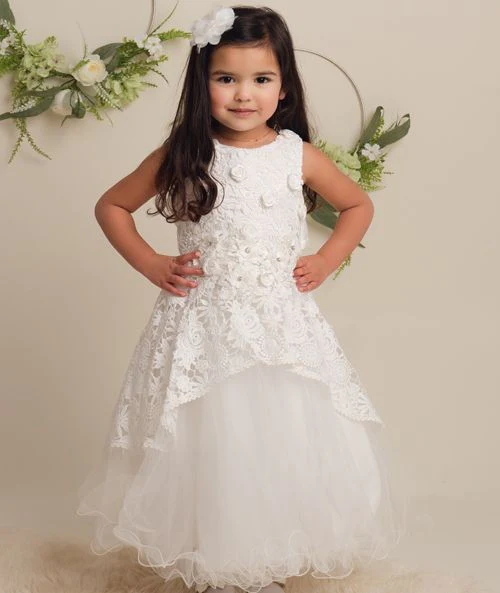 Girls Ivory Flower Lace Overlay Tulle Dress - RUBY - Ivory - Image 2