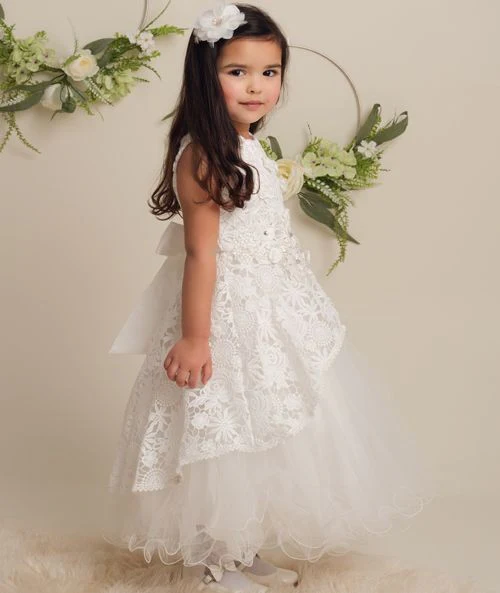 Girls Ivory Flower Lace Overlay Tulle Dress - RUBY - Ivory - Image 3