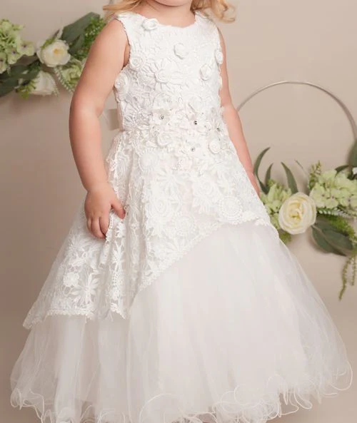 Girls Ivory Flower Lace Overlay Tulle Dress - RUBY - Ivory - Image 5
