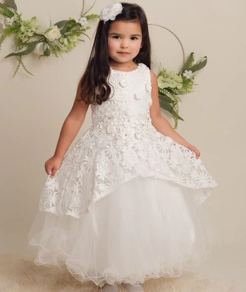 Girls Ivory Flower Lace Overlay Tulle Dress - RUBY - Ivory - Image 6