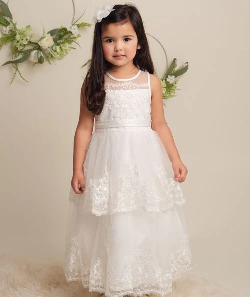 Girls Ivory Layered Lace Dress - FLORANCE - Ivory - Image 2