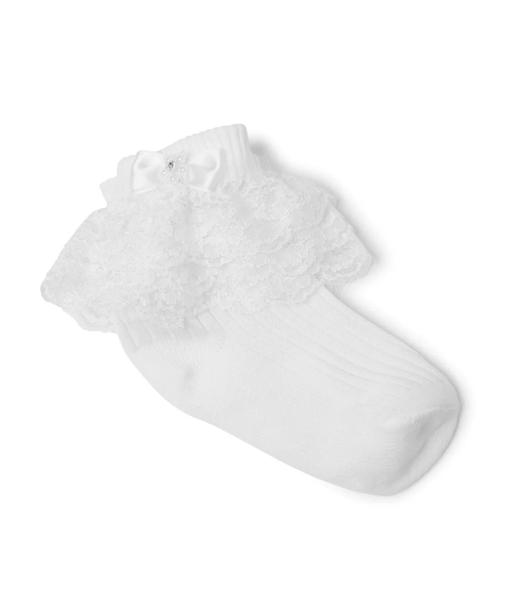 Girls' Lace Frill Socks with Satin Bow - ROXANNE - White - Image 2