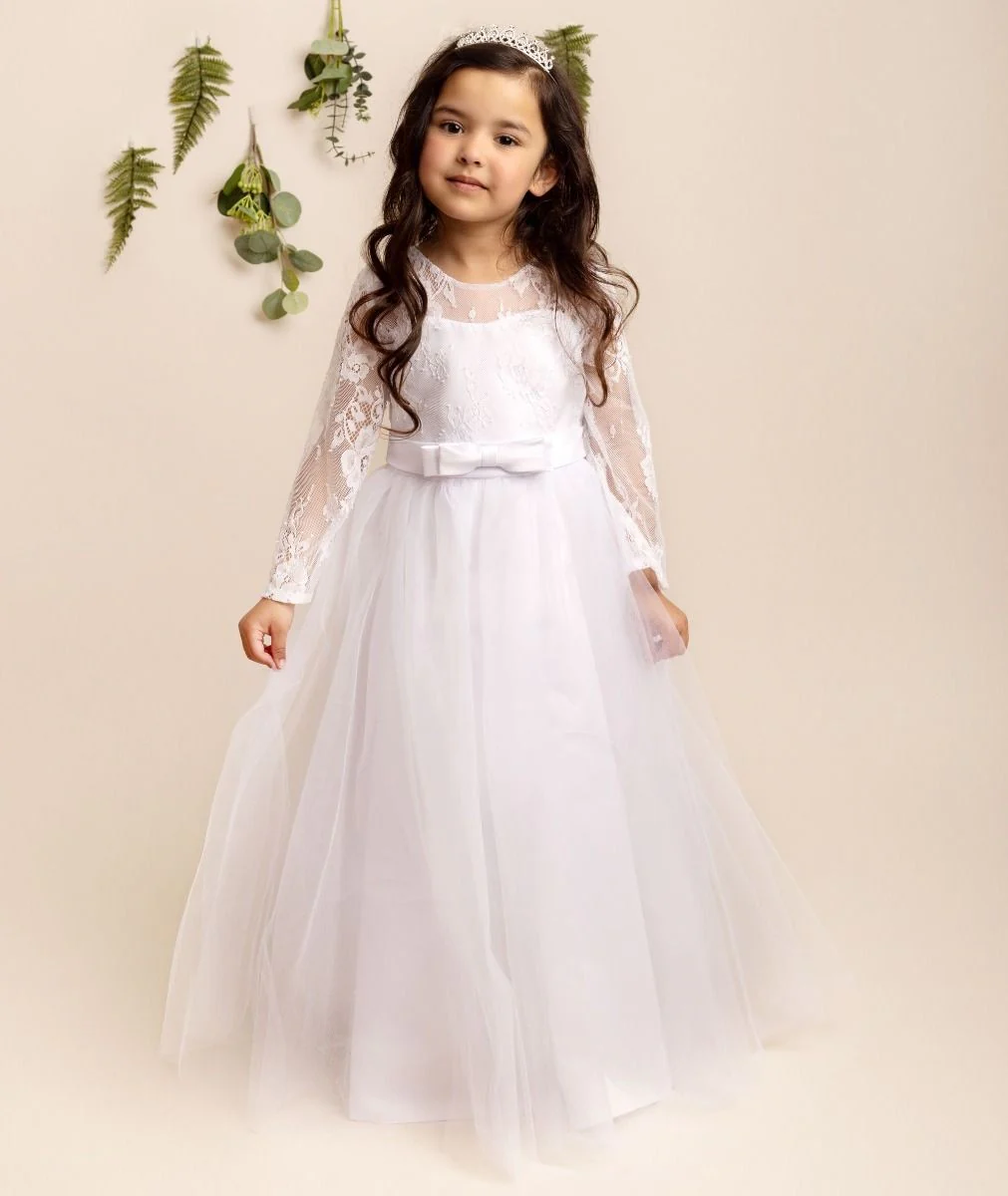 Girls Long Sleeves Lace White Tulle Dress - JADE - White - Image 4
