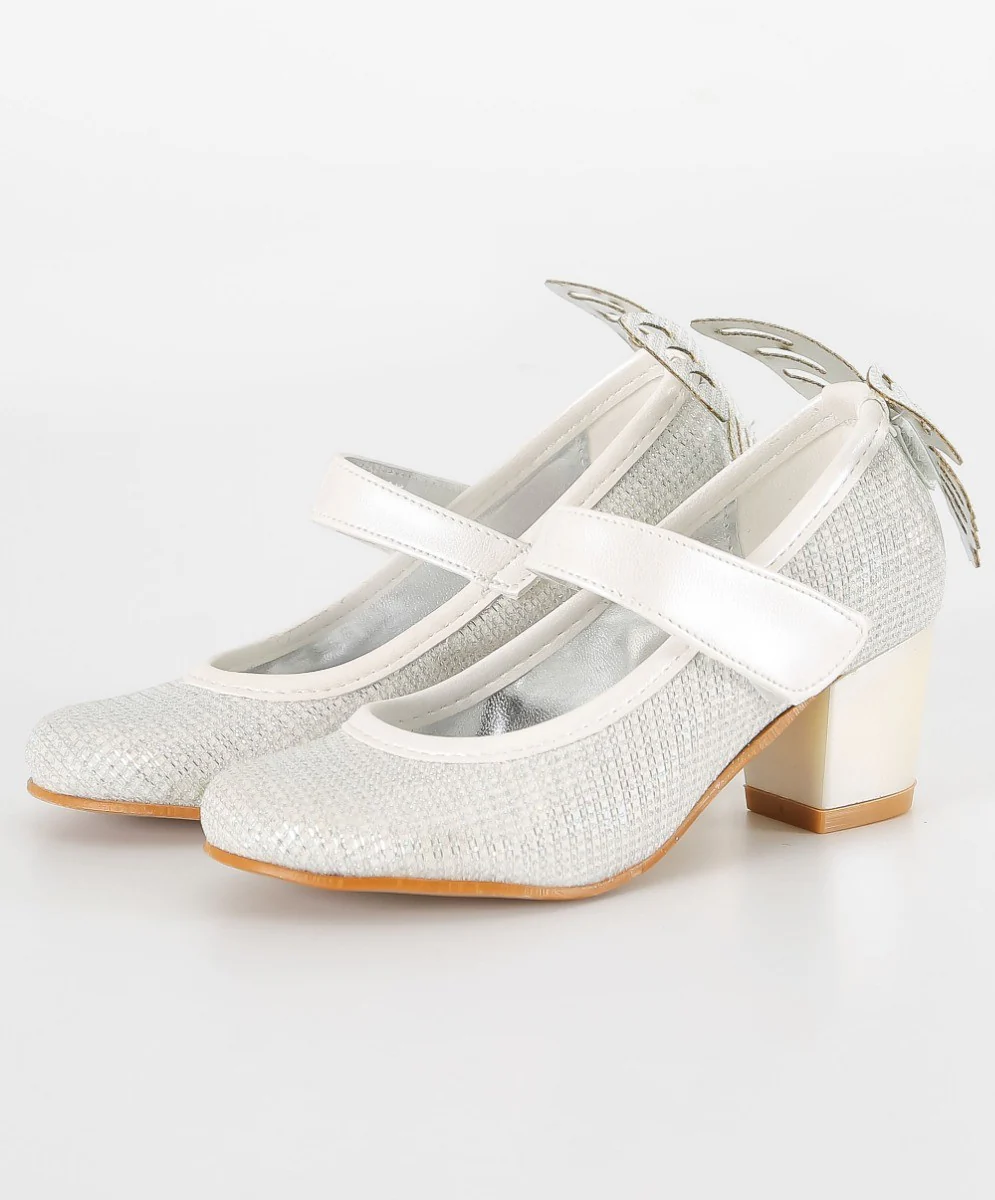Girls Block Heel Sparkly Mary Jane Shoes - White - Image 3