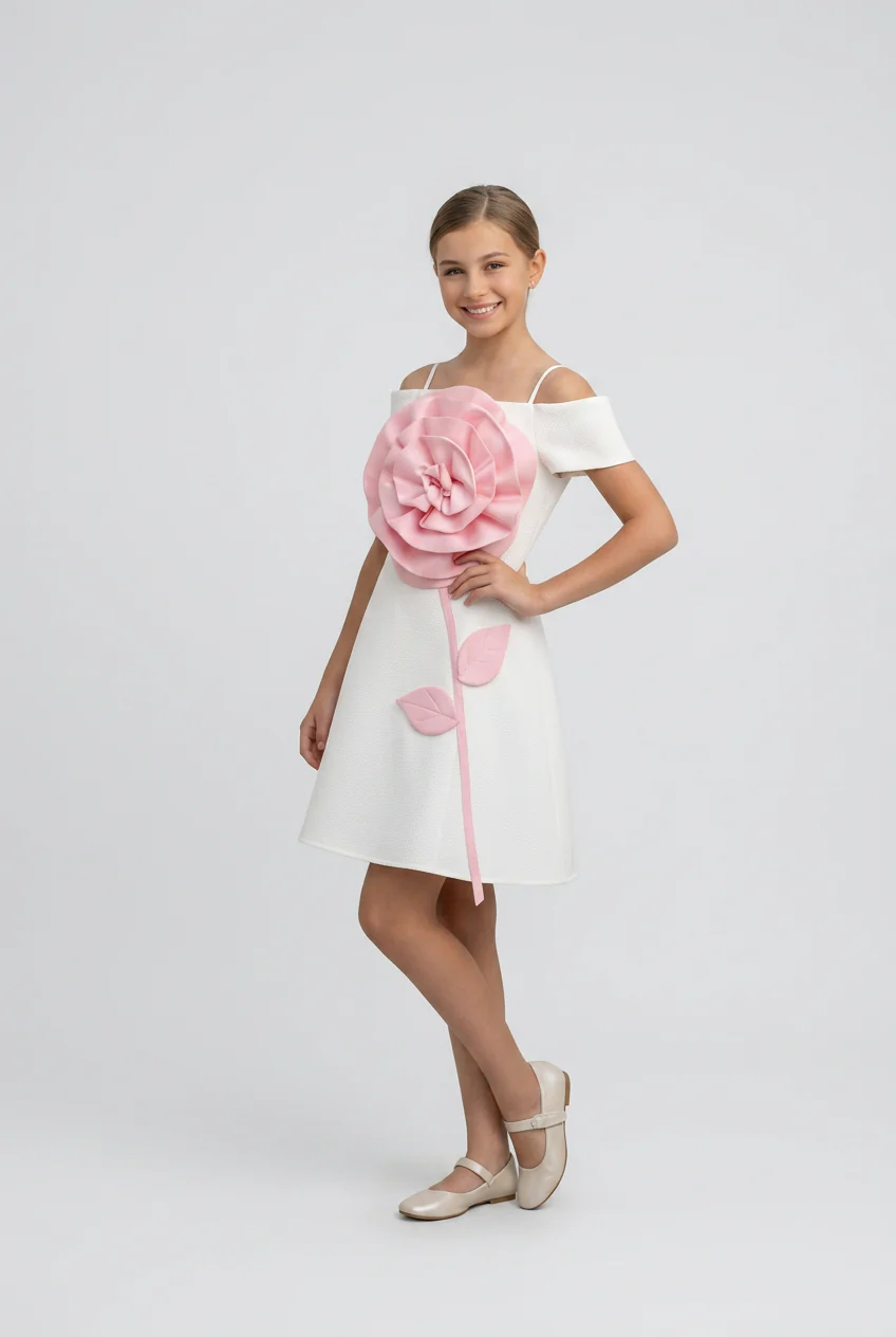 Girls Off-Shoulder Floral Appliqué Party Dress - Ivory - Image 2