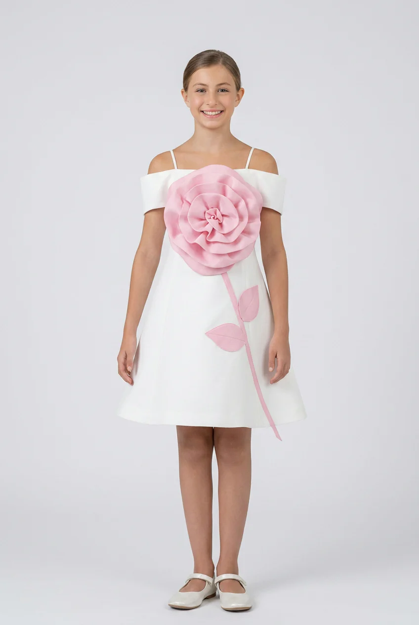 Girls Off-Shoulder Floral Appliqué Party Dress - Ivory - Image 3