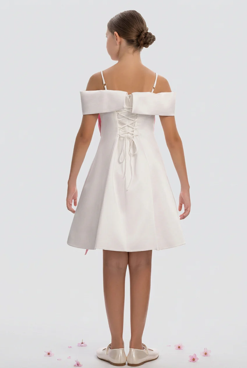 Girls Off-Shoulder Floral Appliqué Party Dress - Ivory - Image 4