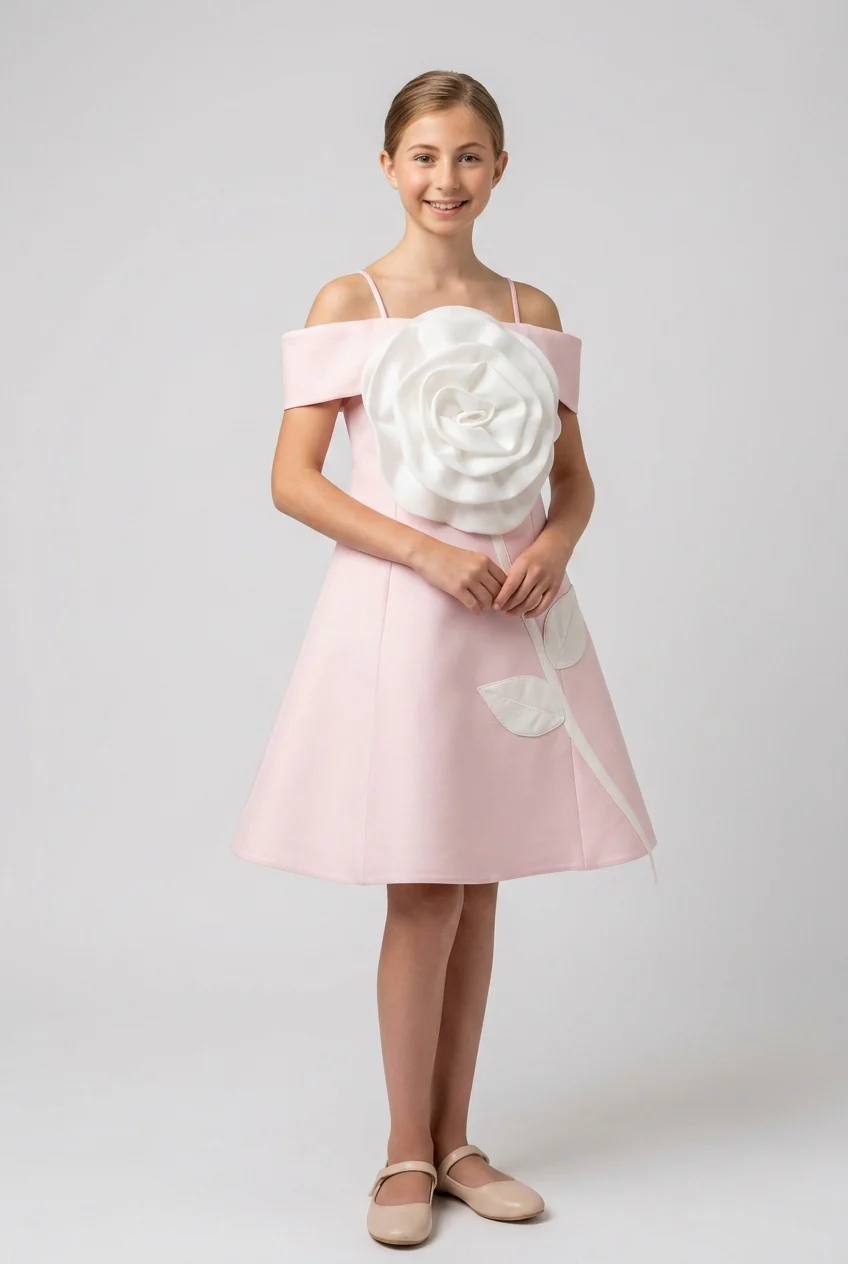 Girls Off-Shoulder Floral Appliqué Party Dress - Pink - Image 2