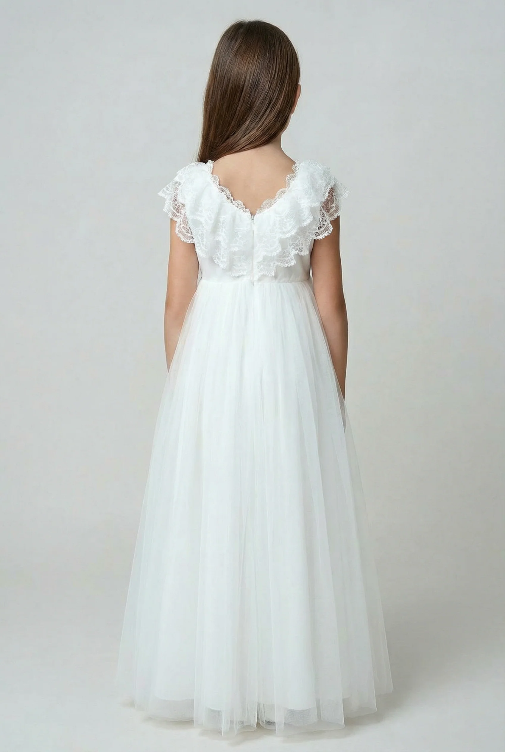 Girls Off-White Lace & Tulle Dress - Image 4