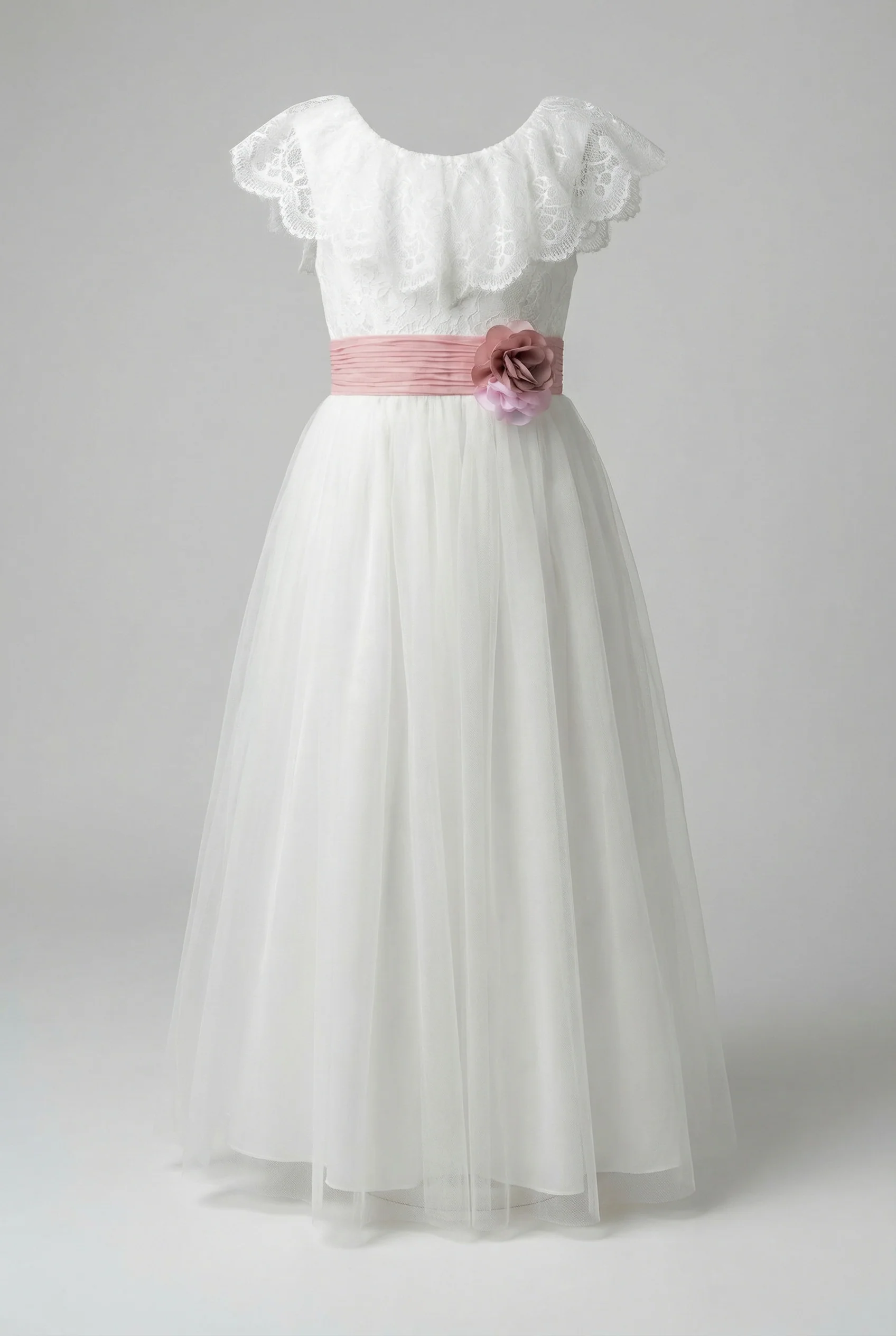 Girls Off-White Lace & Tulle Dress - Image 6