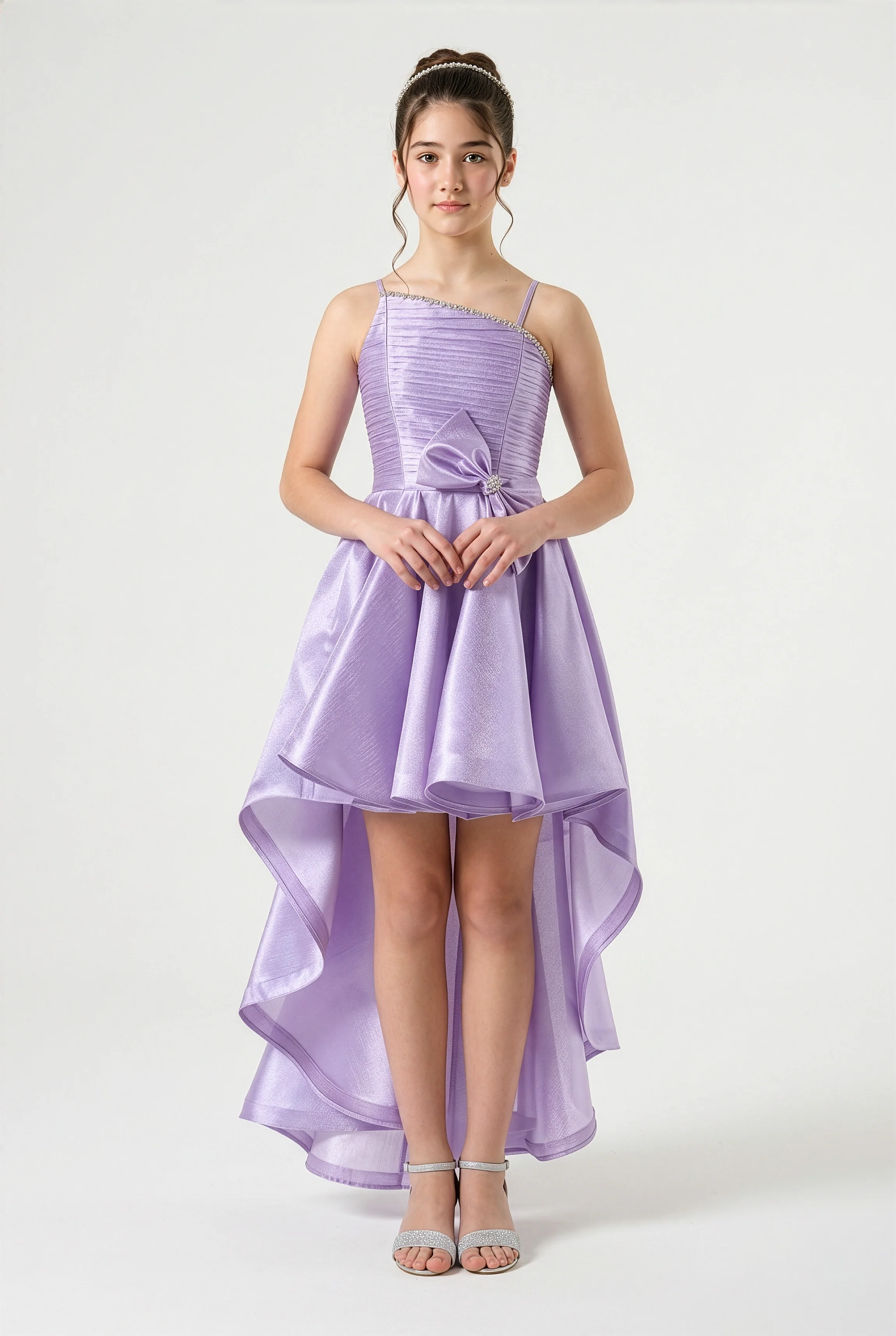 Girls One-Shoulder High-Low Party Dress with Bow - Lilac