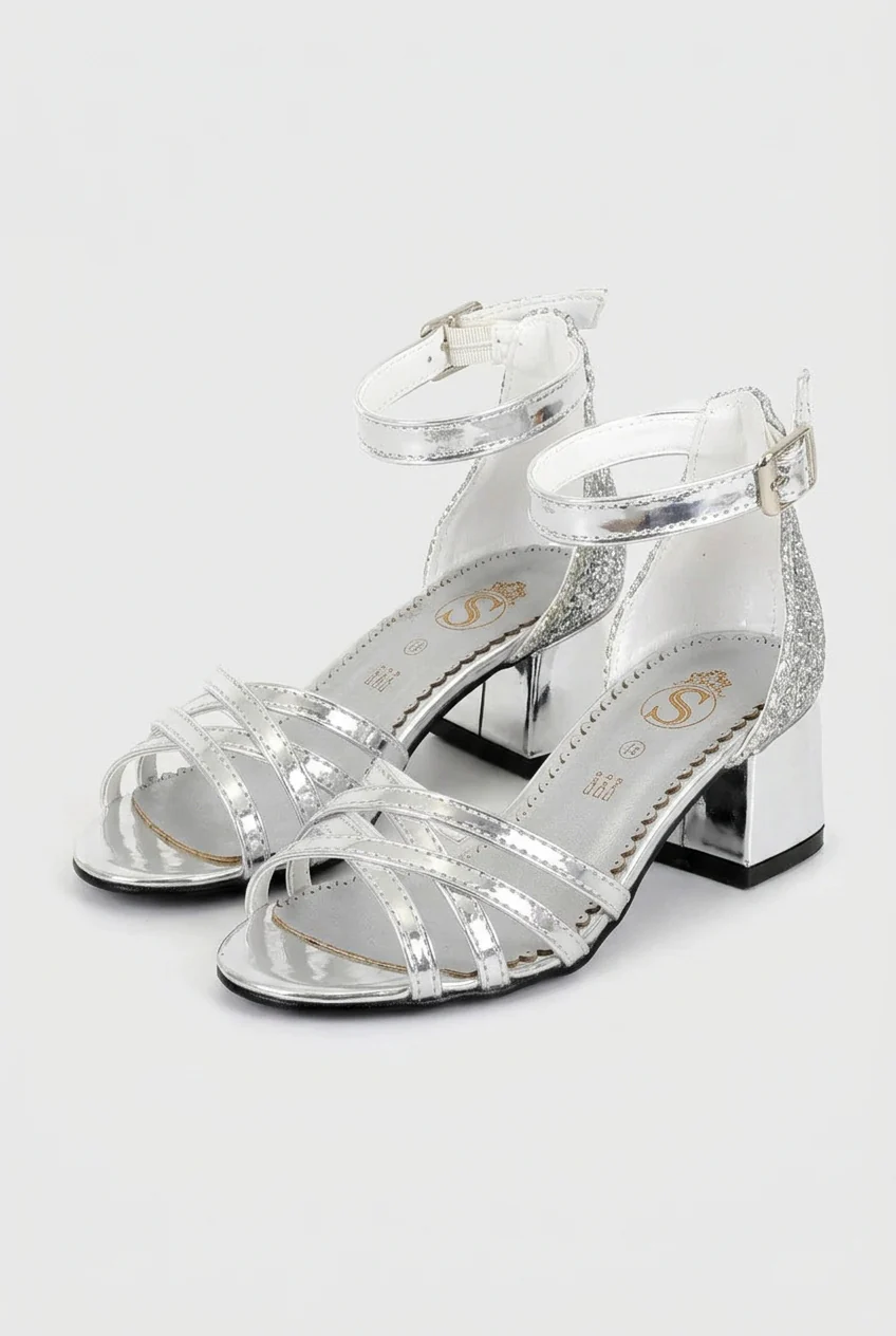 Girls Strappy Block Heel Sandals - Silver - Image 3