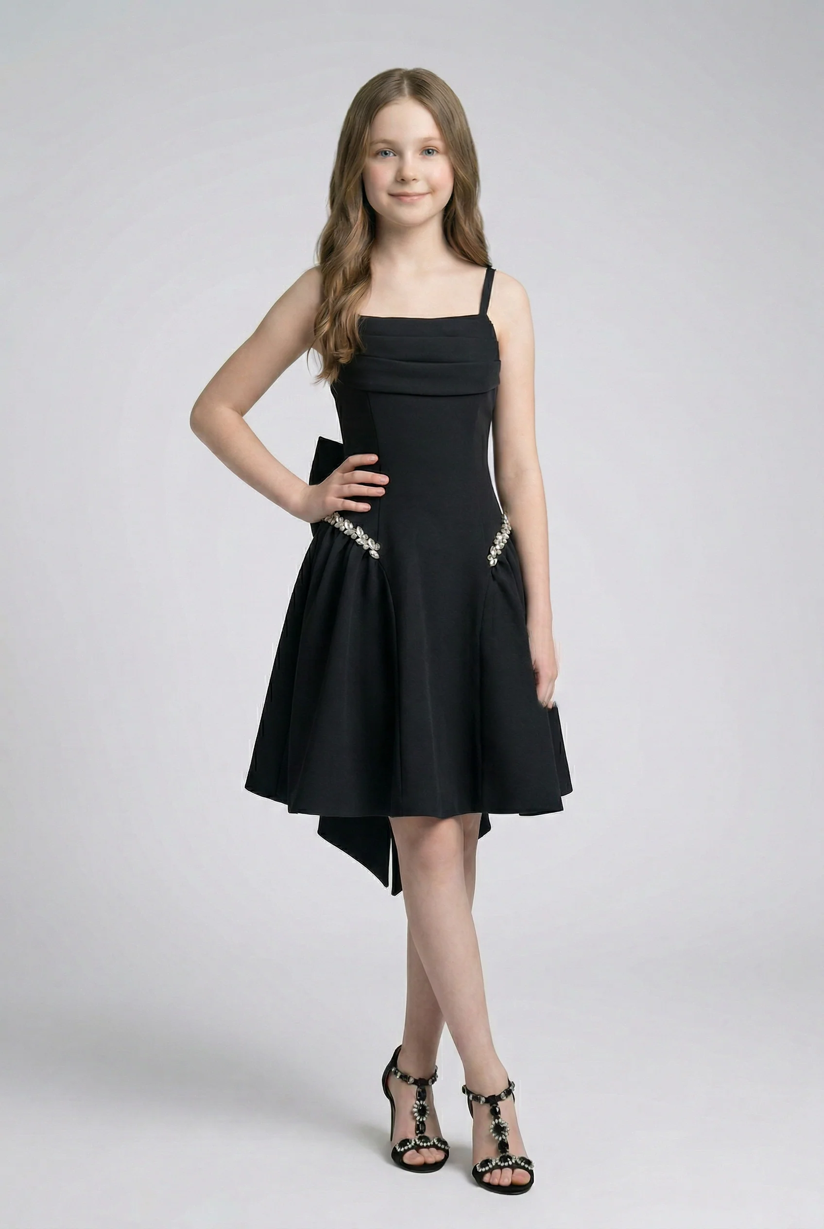 Girls Party Dress with Crystal Hip Detail & Bow - Black