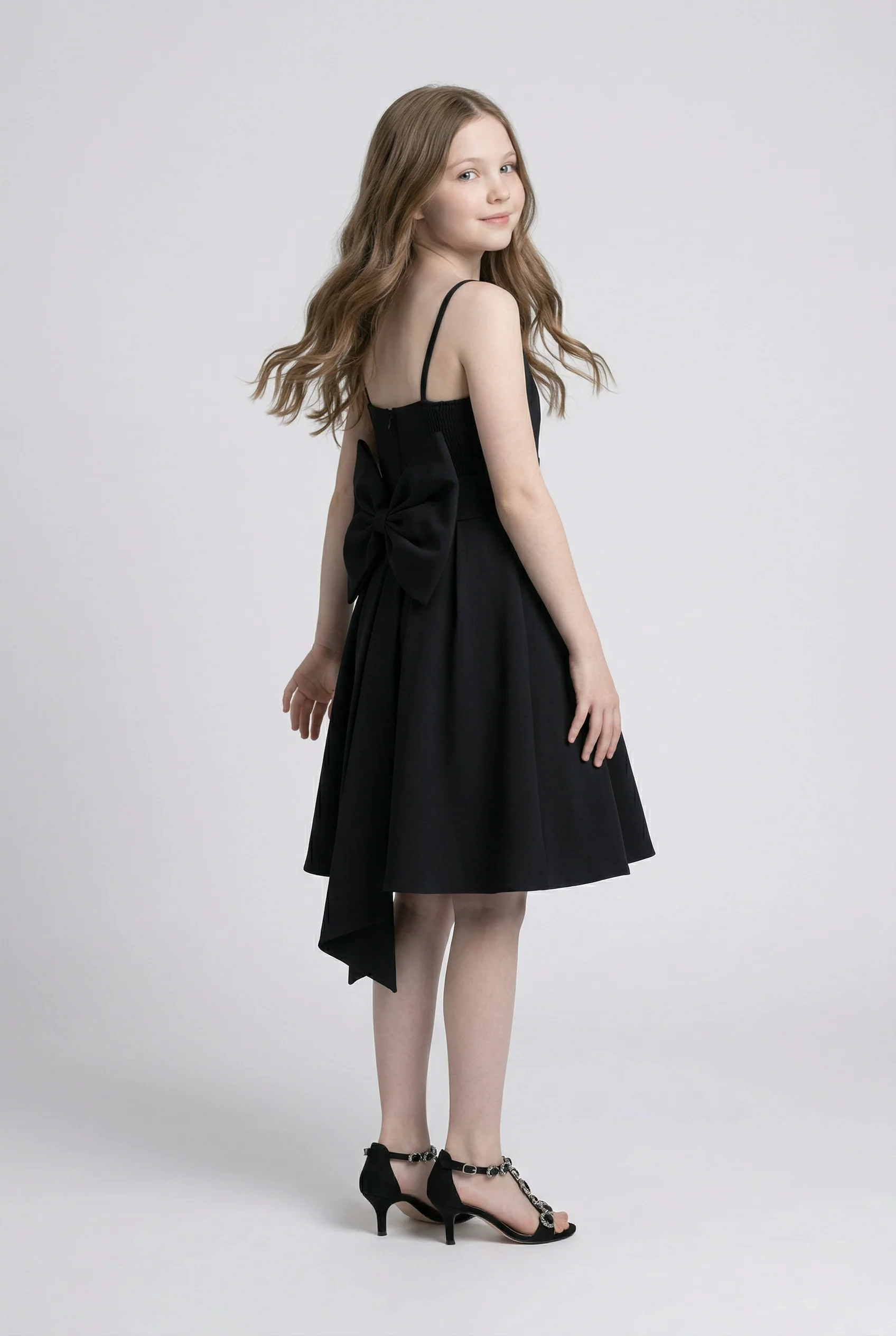 Girls Party Dress with Crystal Hip Detail & Bow - Black - Image 2