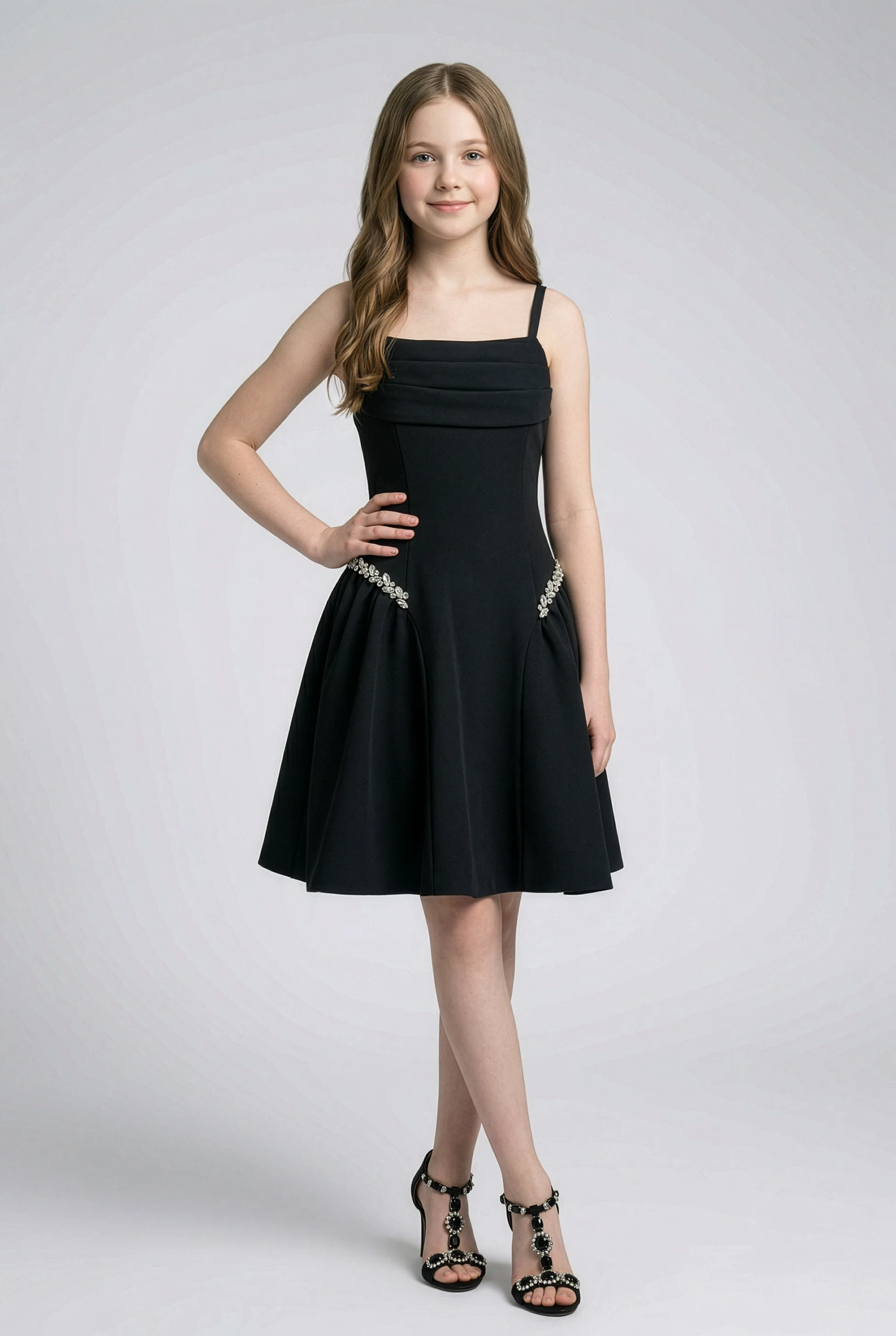 Girls Party Dress with Crystal Hip Detail & Bow - Black - Image 3