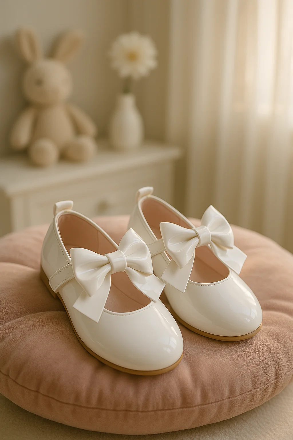 Girls Patent Bow Velcro Flat Mary Jane Shoes - AMIRA - White
