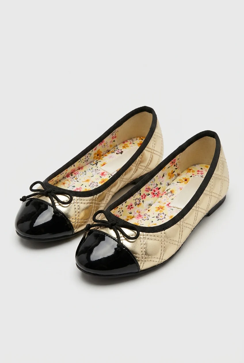 Girls Patent Cap Toe Quilted Ballet Flats - Black - Gold - Image 2