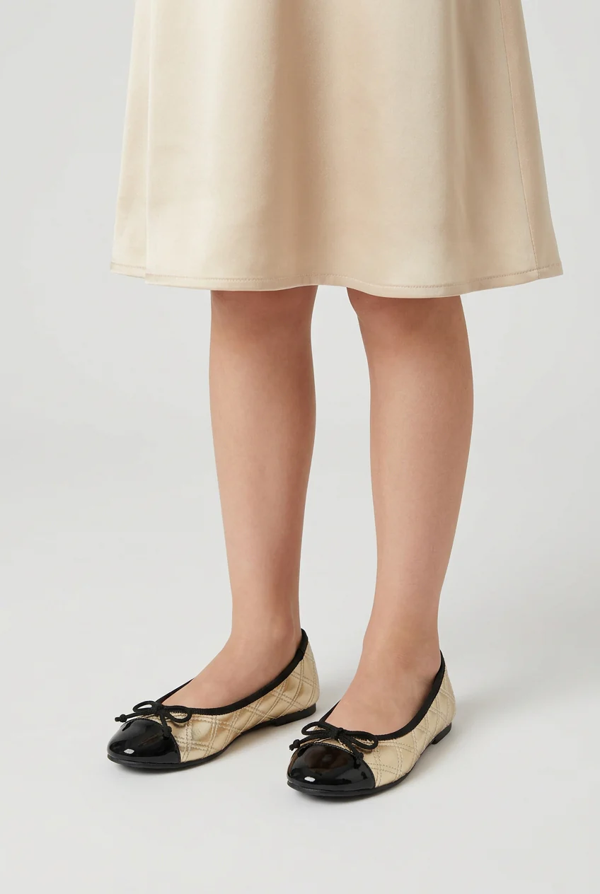 Girls Patent Cap Toe Quilted Ballet Flats - Black - Gold - Image 4