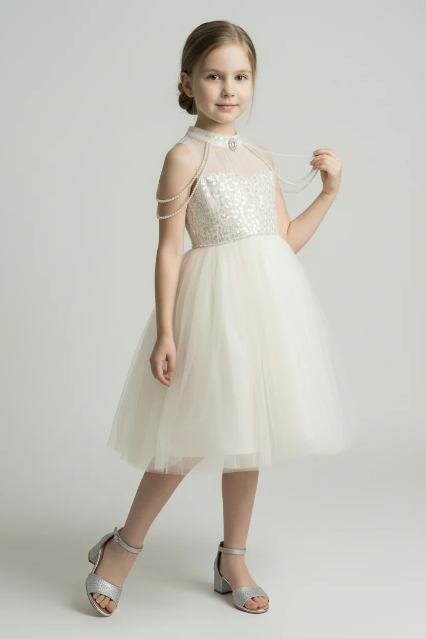 Girls Pearl-Chain Sequin Bodice Tulle Dress - Leni - Ivory - Image 2