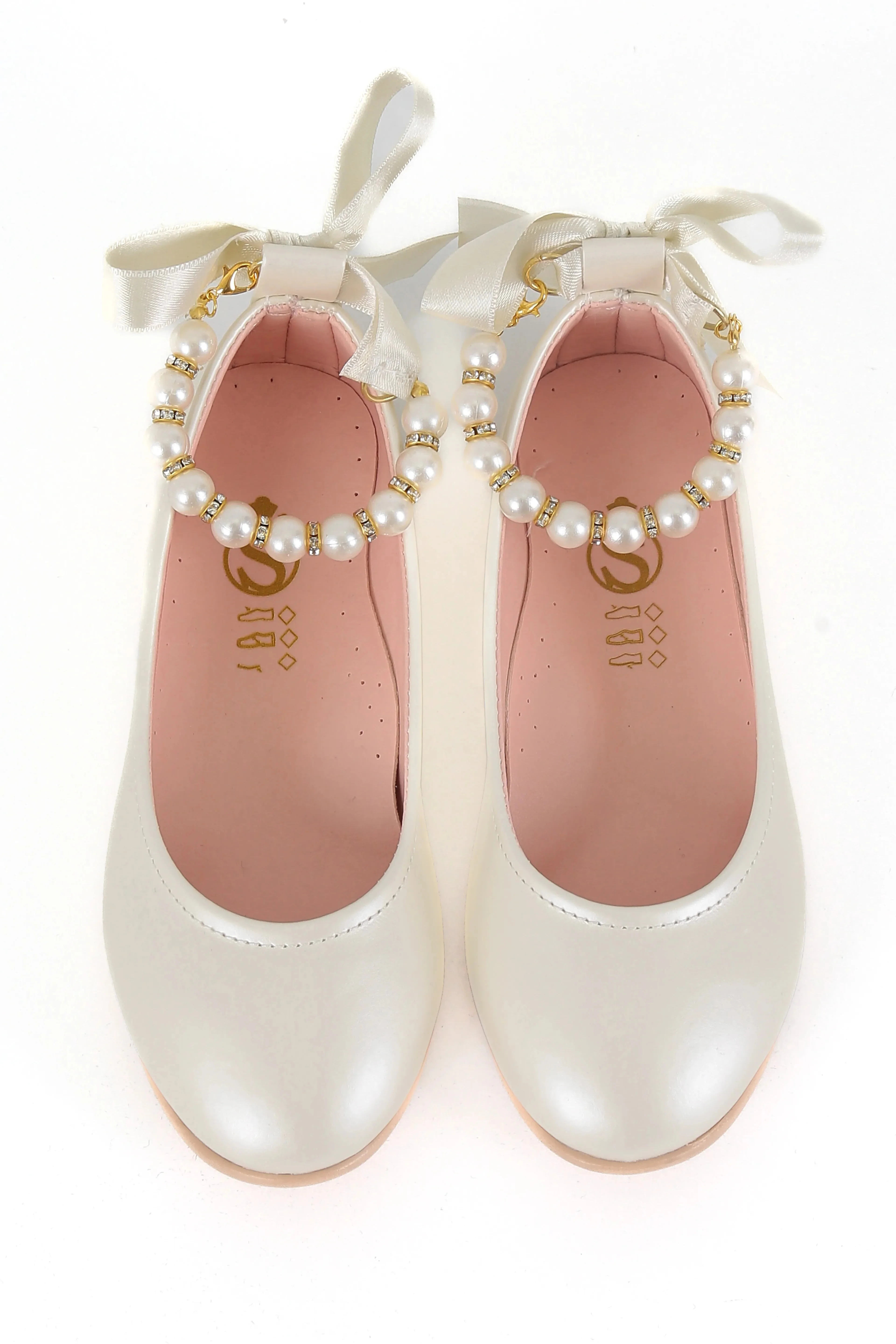 Girls Pearls & Ribbon Slip on Patent Mary Jane Shoes - TEAN - Ivory - Image 3