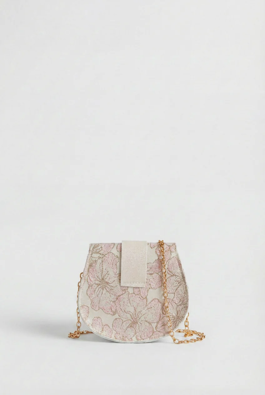 Girls Pink Floral Jacquard Occasion Dress with Matching Bag - Image 6