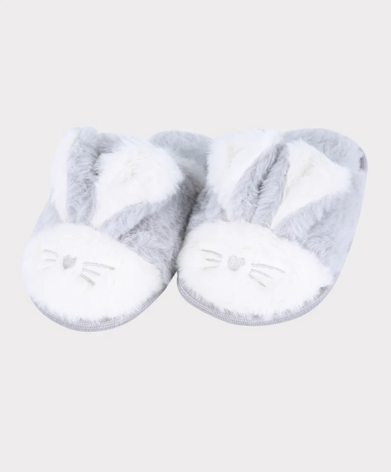 Girls Plush Bunny Fur Slippers - Grey - Image 3