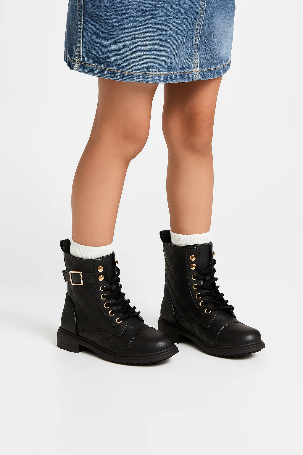 Girls' Quilted Lace-Up Combat Boots - SAGE - Black - Image 4