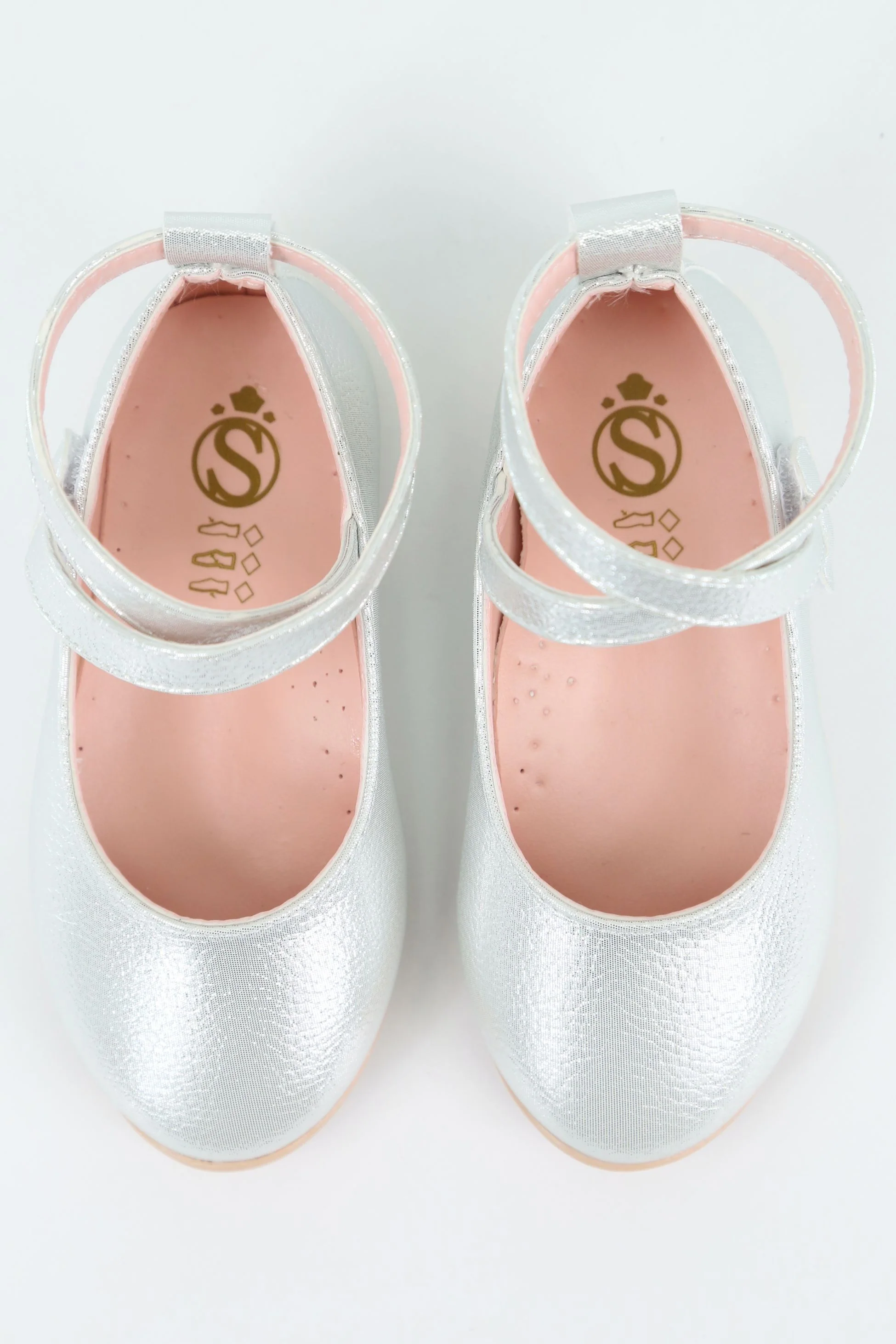 Girls' Shiny Mary Jane Flat Shoes with Criss Cross Strap - Silver - Image 3
