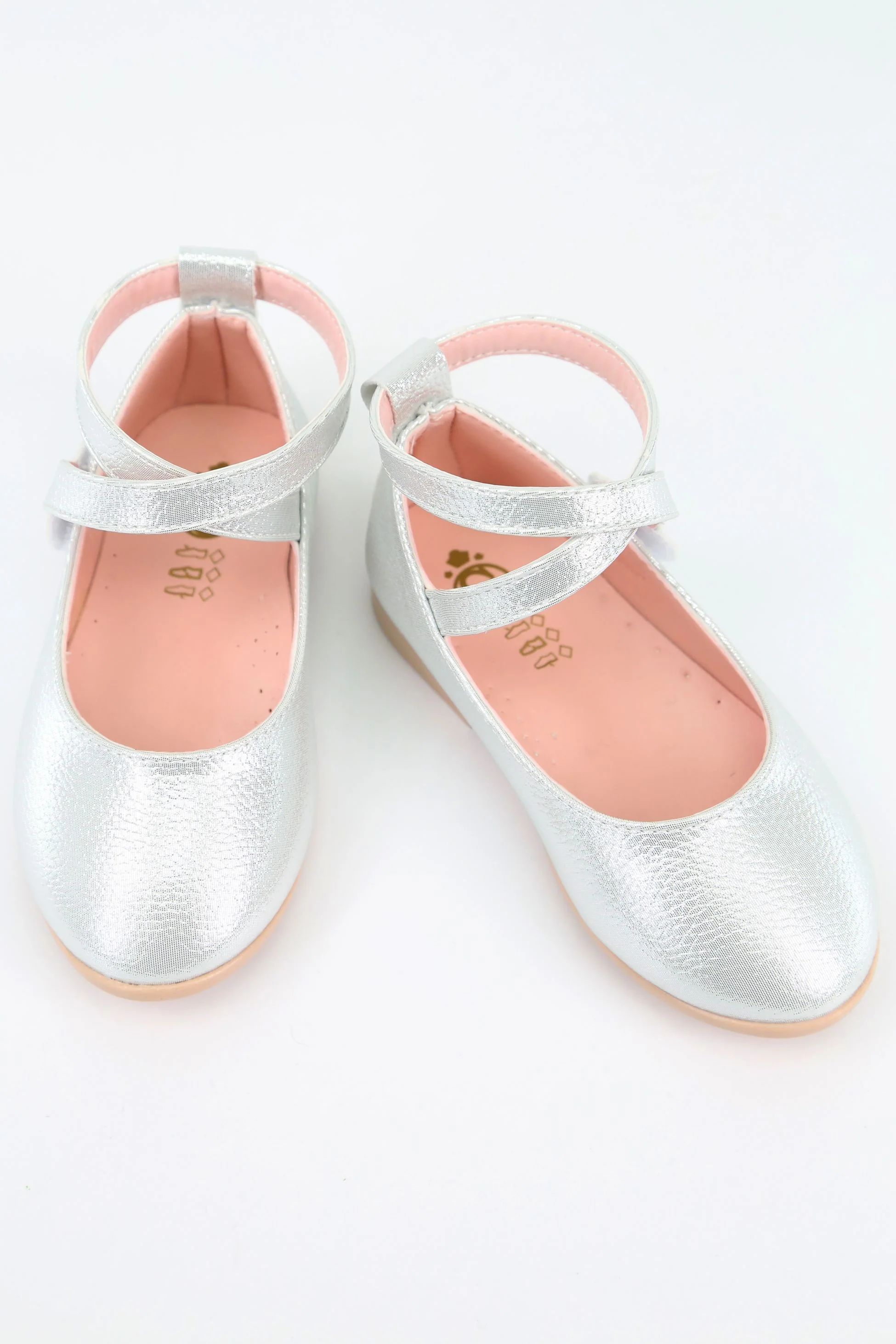 Girls' Shiny Mary Jane Flat Shoes with Criss Cross Strap - Silver - Image 4