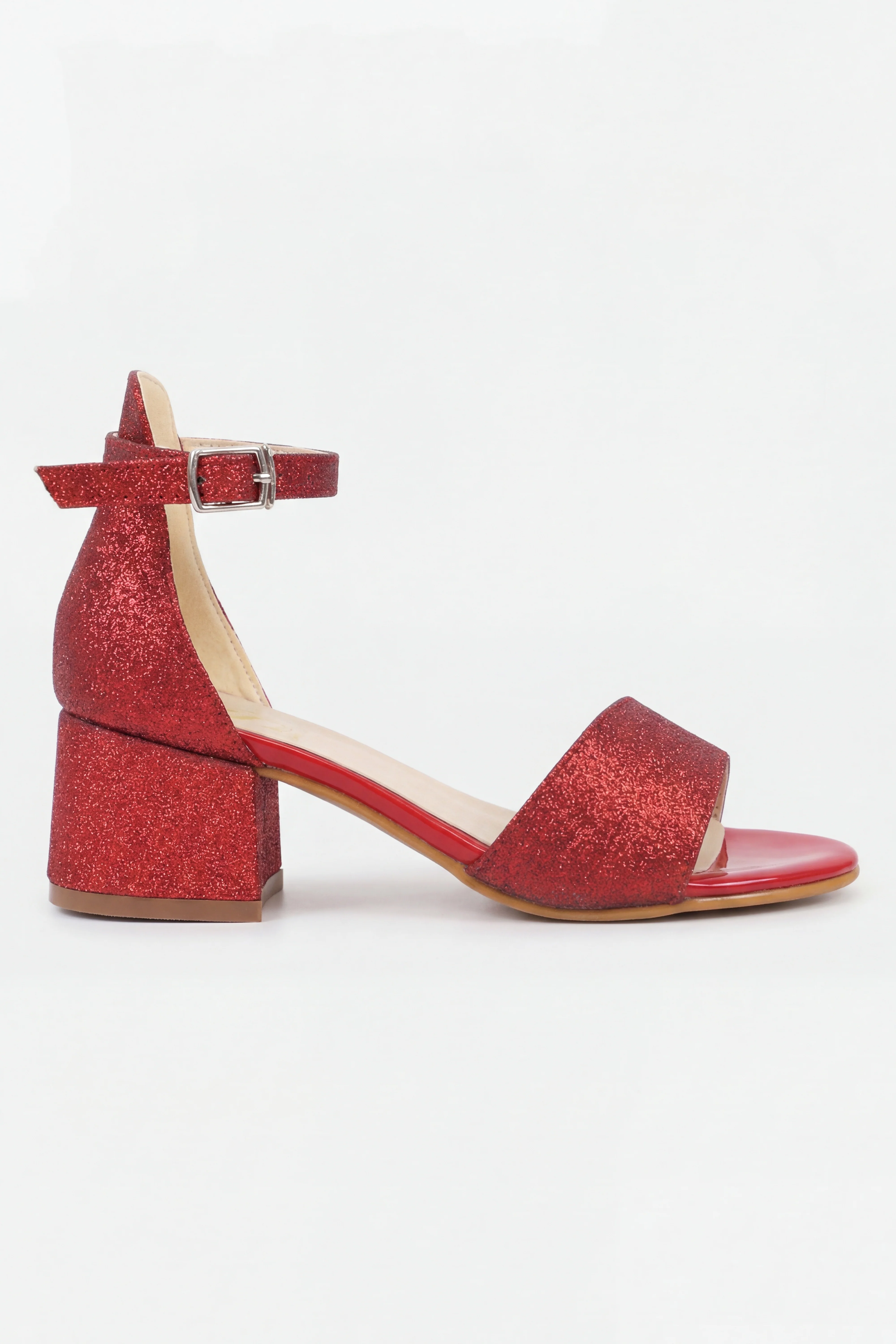 Girls Ankle-Strap Block Heel Sandals - SPARKLE - Red - Image 3
