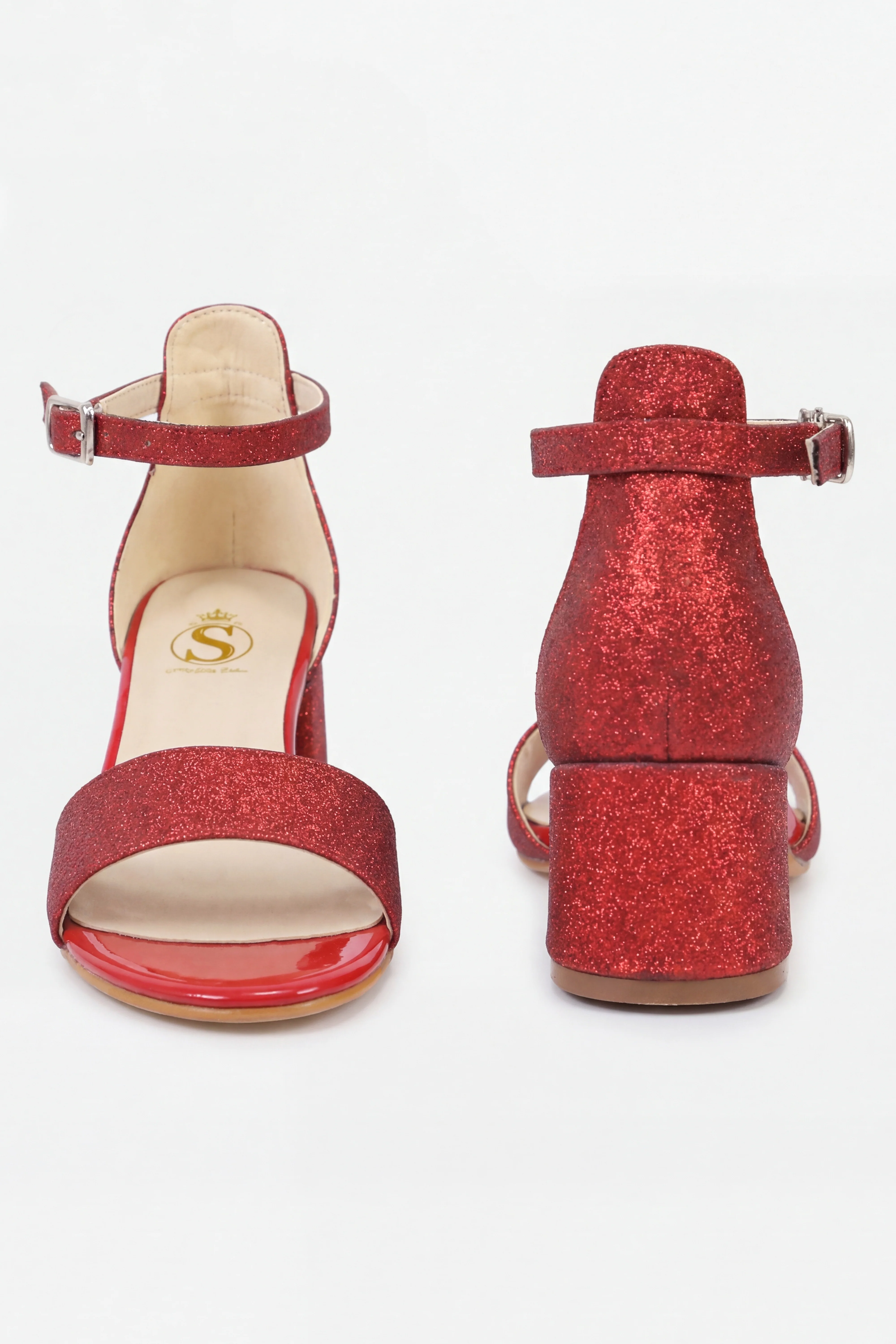 Girls Ankle-Strap Block Heel Sandals - SPARKLE - Red - Image 4