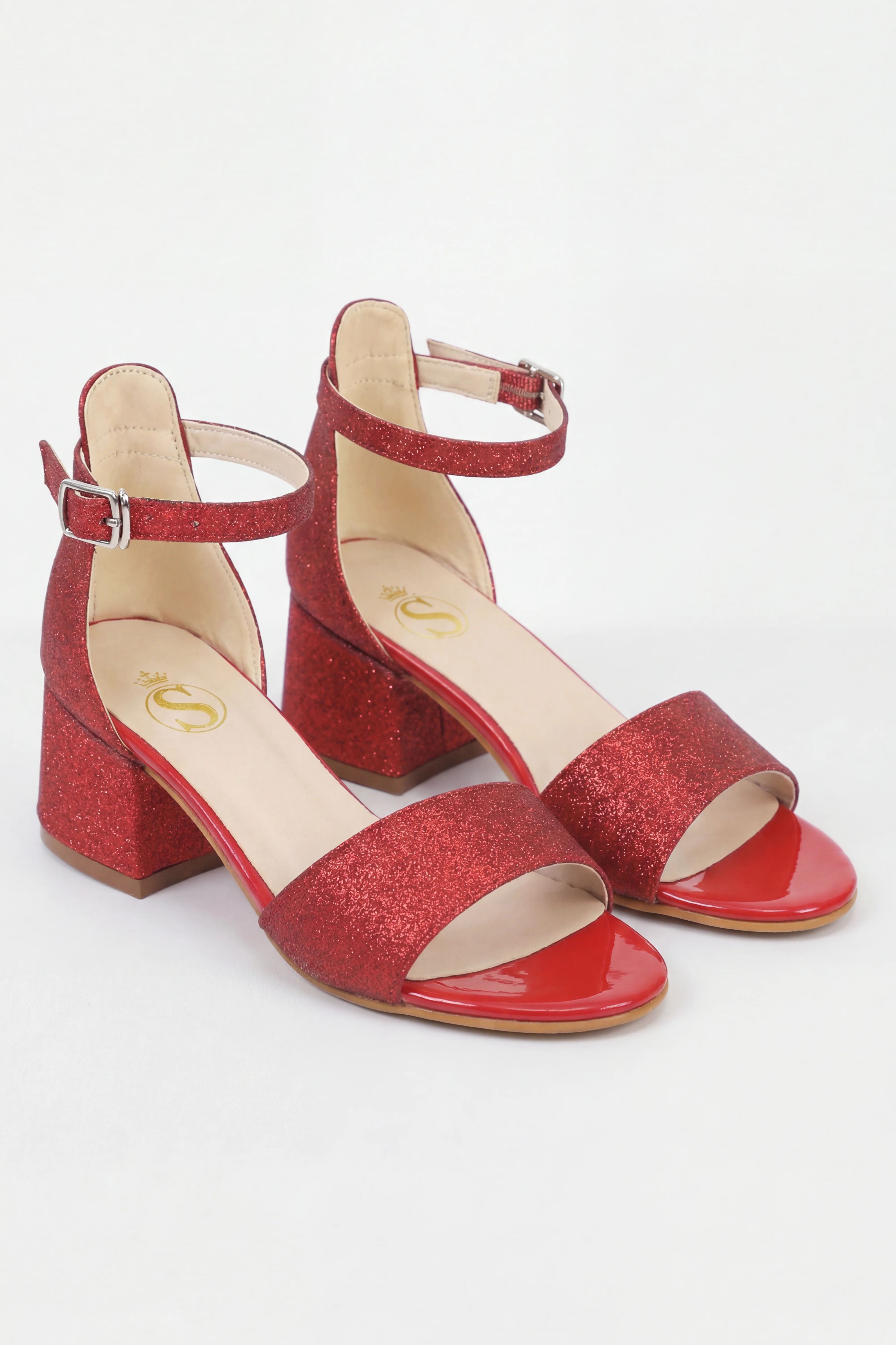 Girls Ankle-Strap Block Heel Sandals - SPARKLE - Red - Image 5