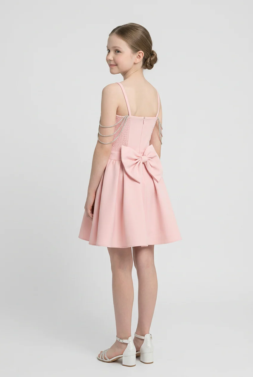 Girls Short Occasion Dress with Crystal Off-Shoulder Straps - Pink - Image 3