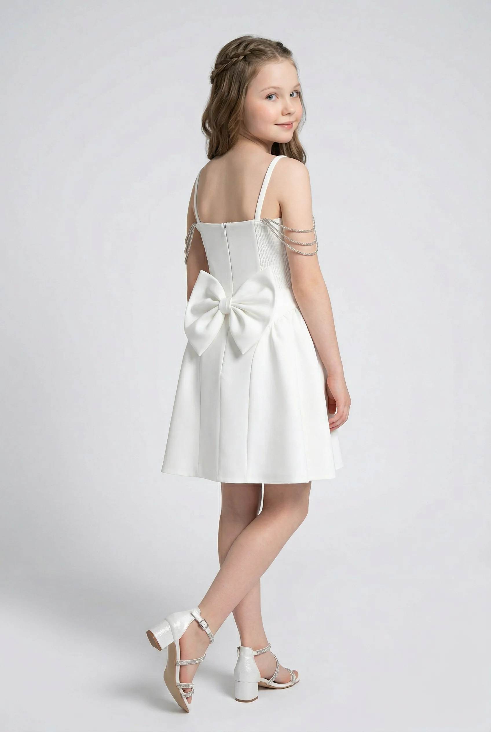 Girls Short Occasion Dress with Crystal Off-Shoulder Straps - White - Image 3