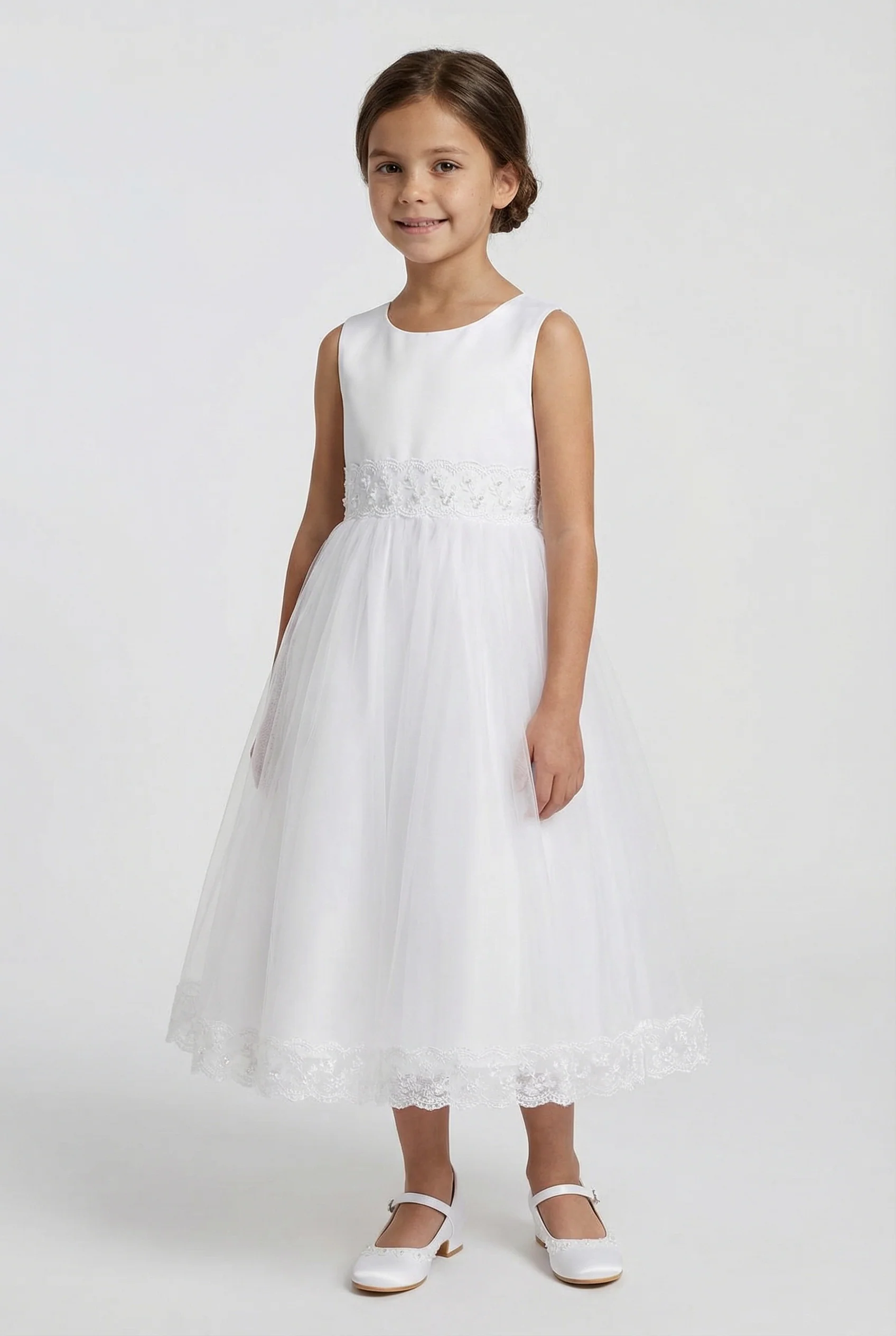 Girls Sleeveless Communion Dress with Lace Hem - Grace - White - Image 2