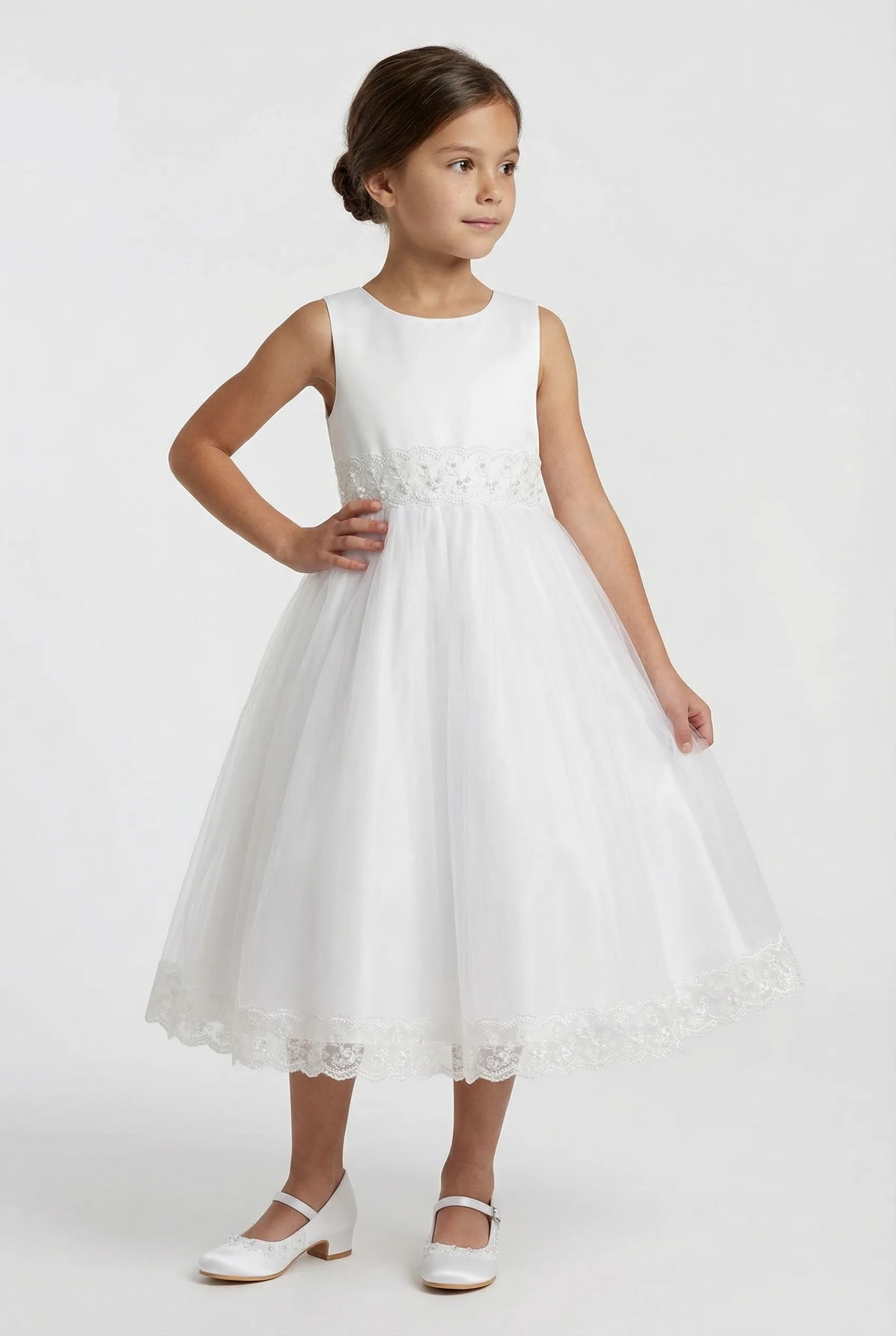 Girls Sleeveless Communion Dress with Lace Hem - Grace - White - Image 3