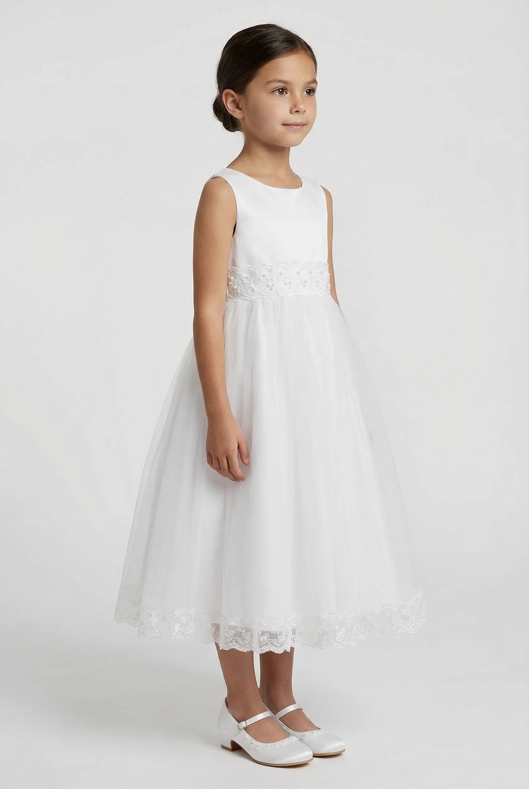 Girls Sleeveless Communion Dress with Lace Hem - Grace - White - Image 4