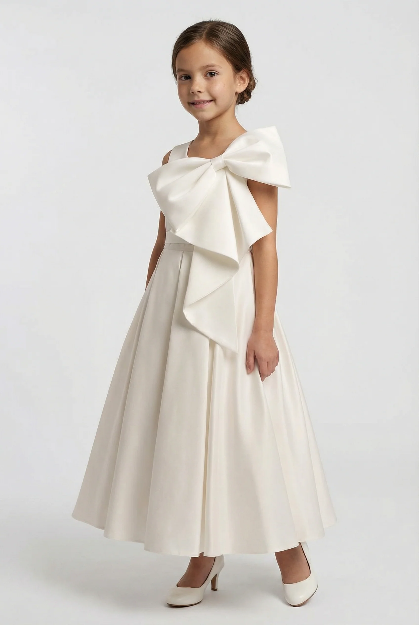 Girls Sleeveless Dress with Satin Bow Shoulder - Saffa - Ivory - Image 2