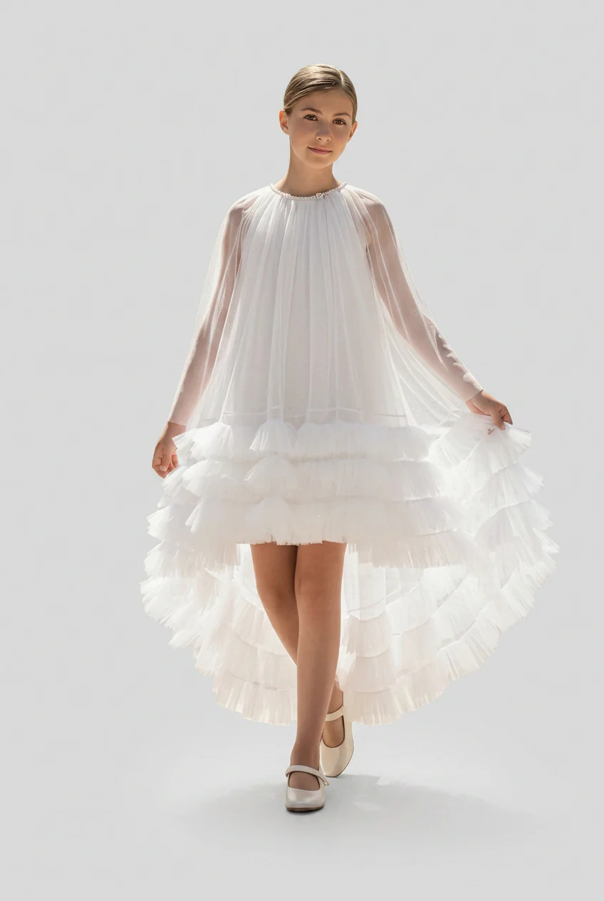 Girls Tulle Dress with Detachable Ruffled Cape Set - White