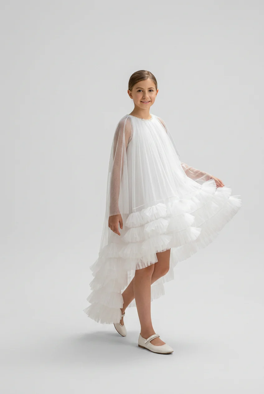 Girls Tulle Dress with Detachable Ruffled Cape Set - White - Image 2