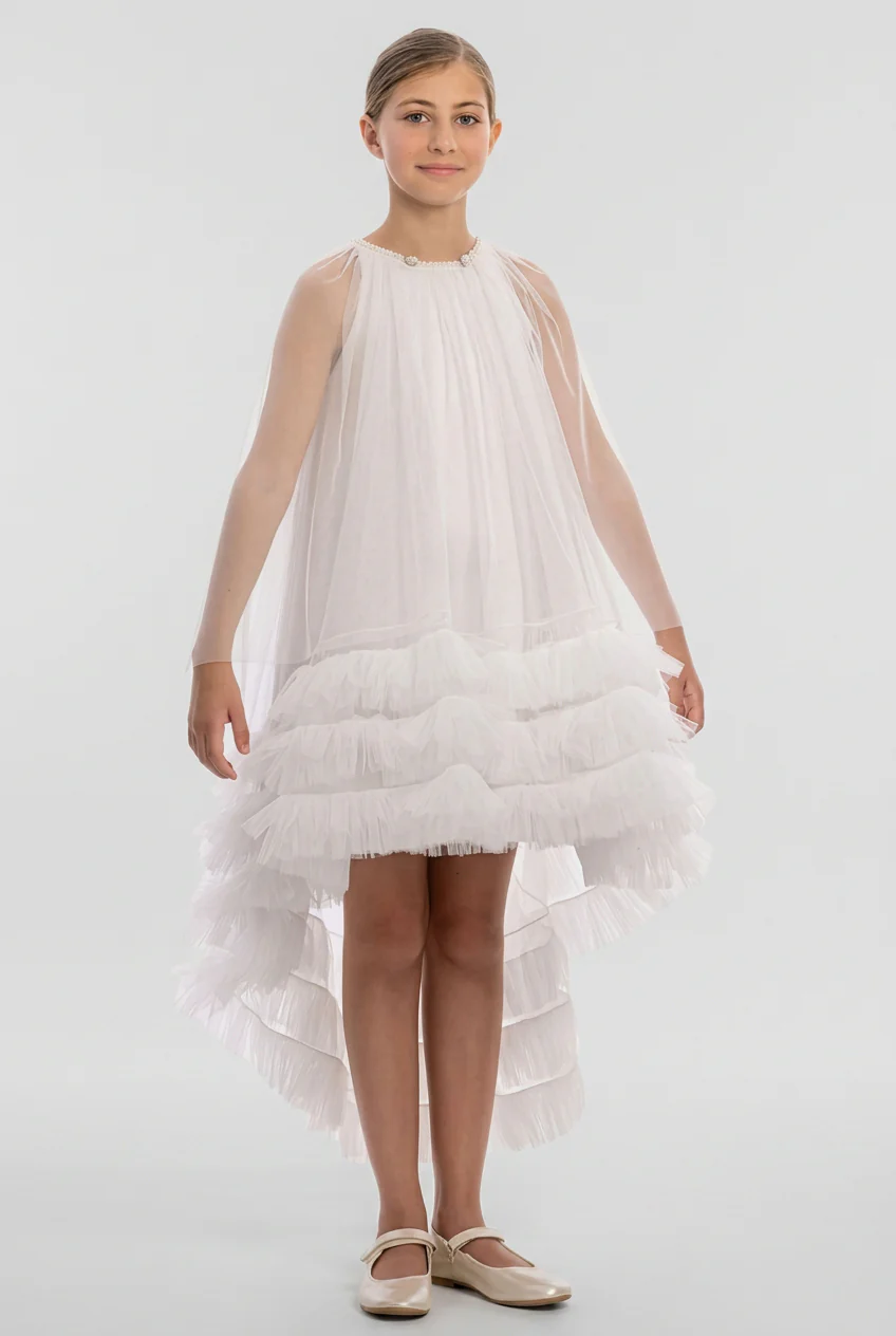 Girls Tulle Dress with Detachable Ruffled Cape Set - White - Image 3