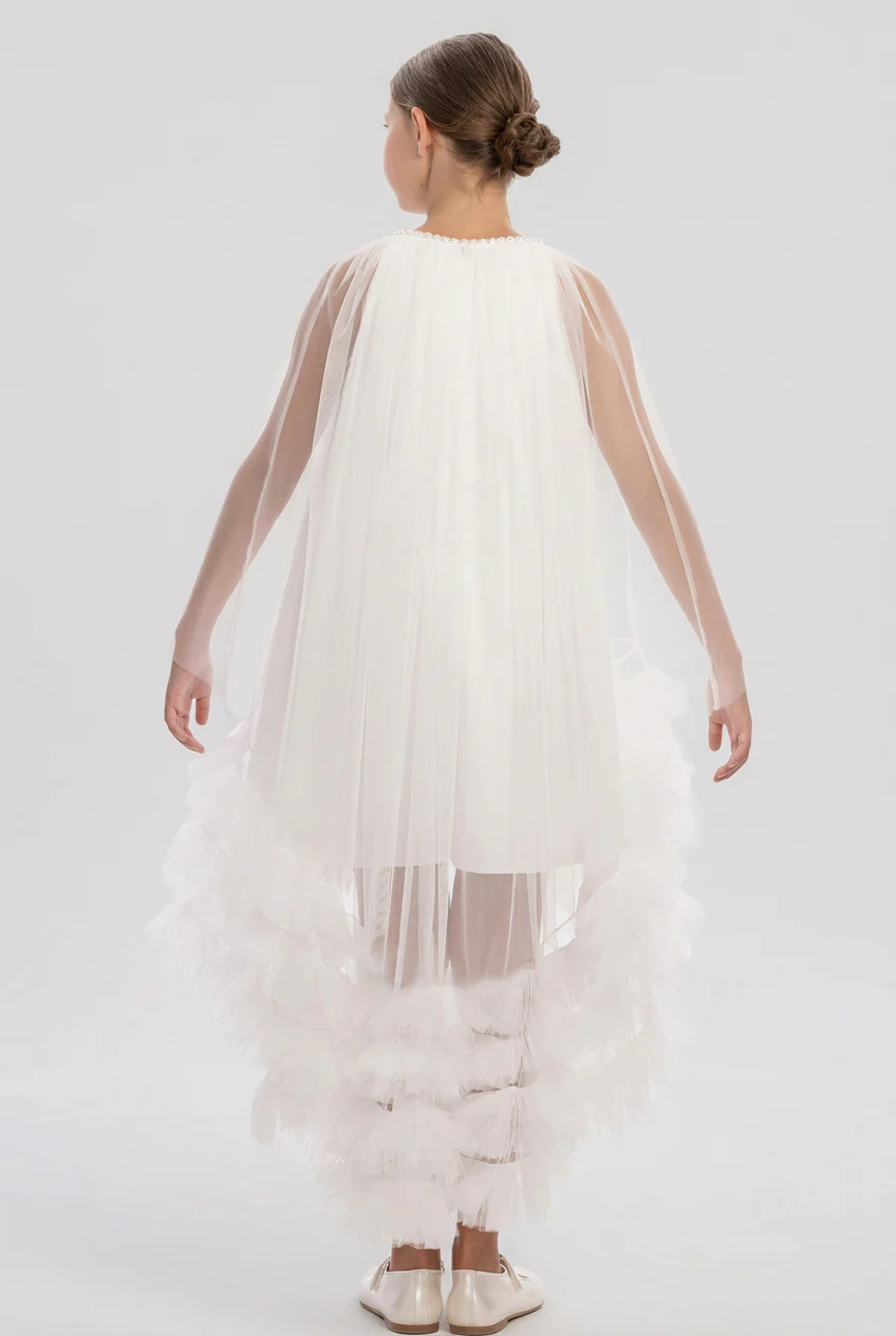 Girls Tulle Dress with Detachable Ruffled Cape Set - White - Image 4