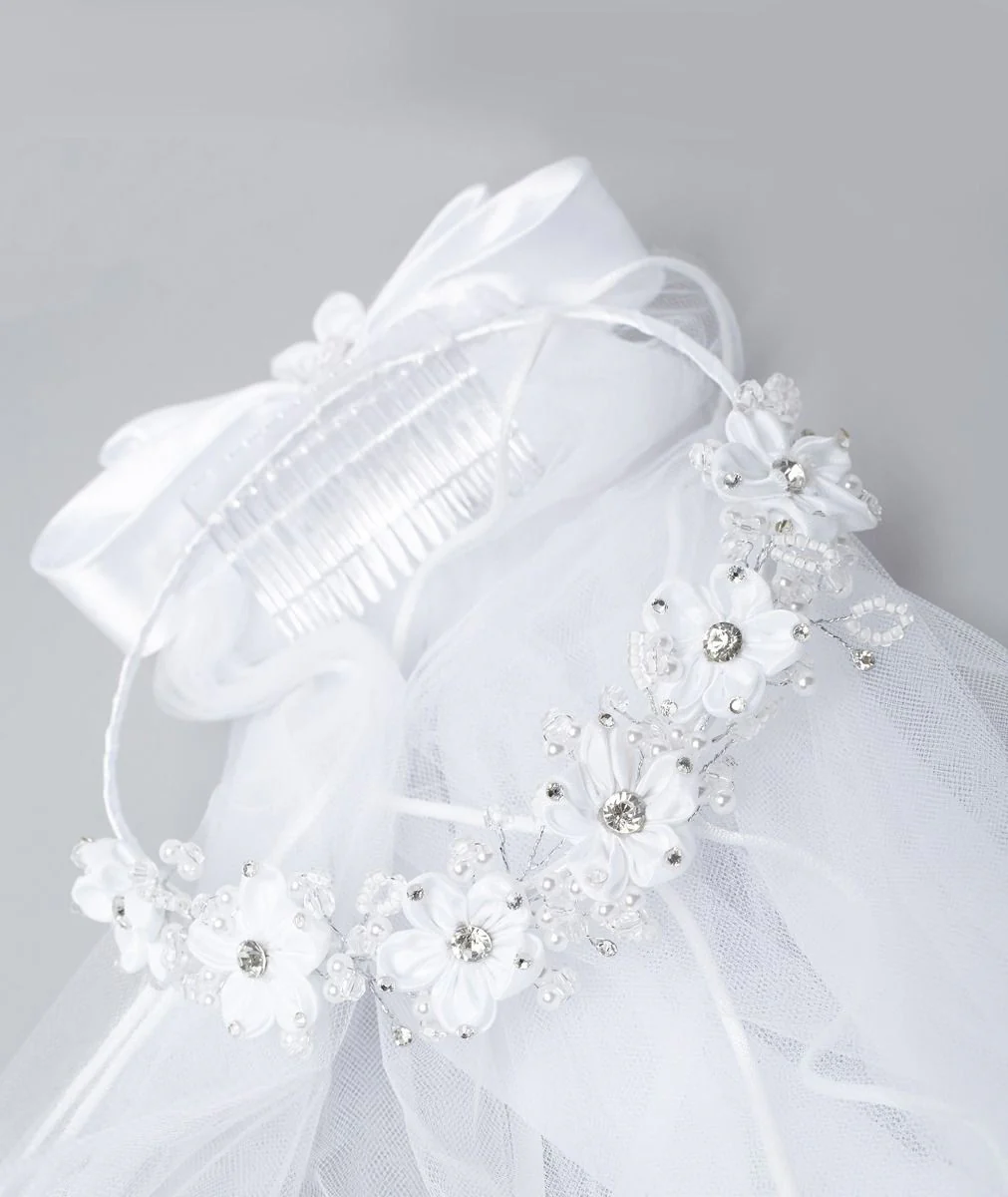 Girls' White Bow Veil with Floral Tiara – CMV 458 - Image 5